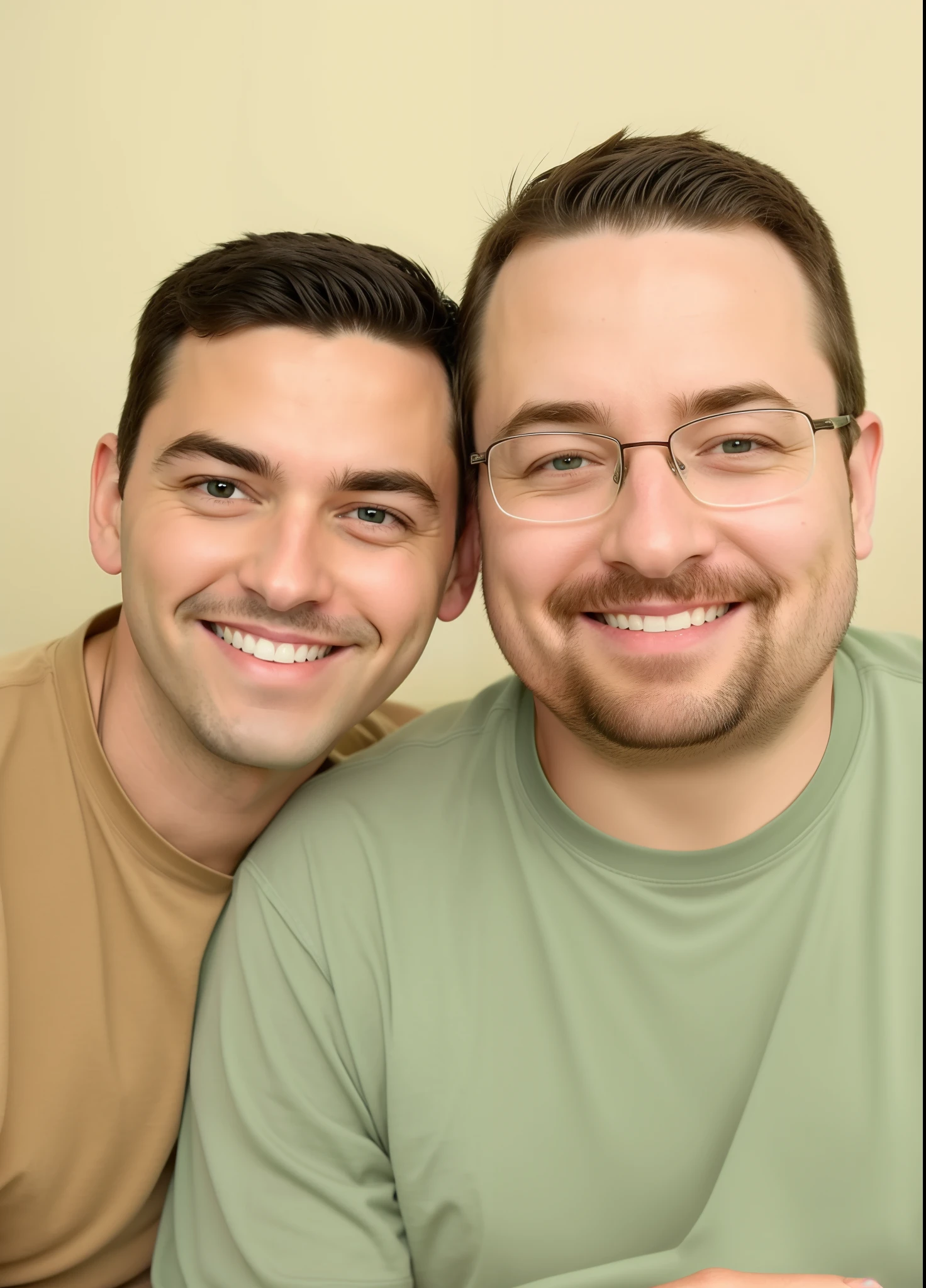 There are two men in love sitting on a couch smiling at the camera, pixar