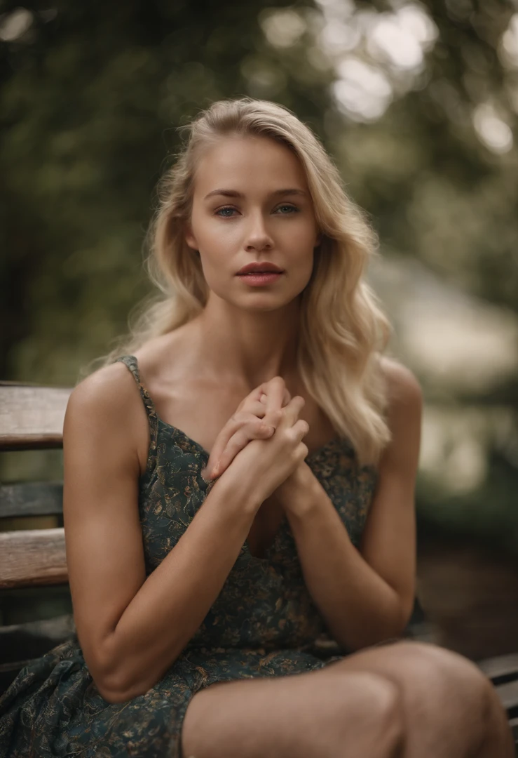 Blonde girl sitting on bench in summer dress, She's sad with her hands on her chin.