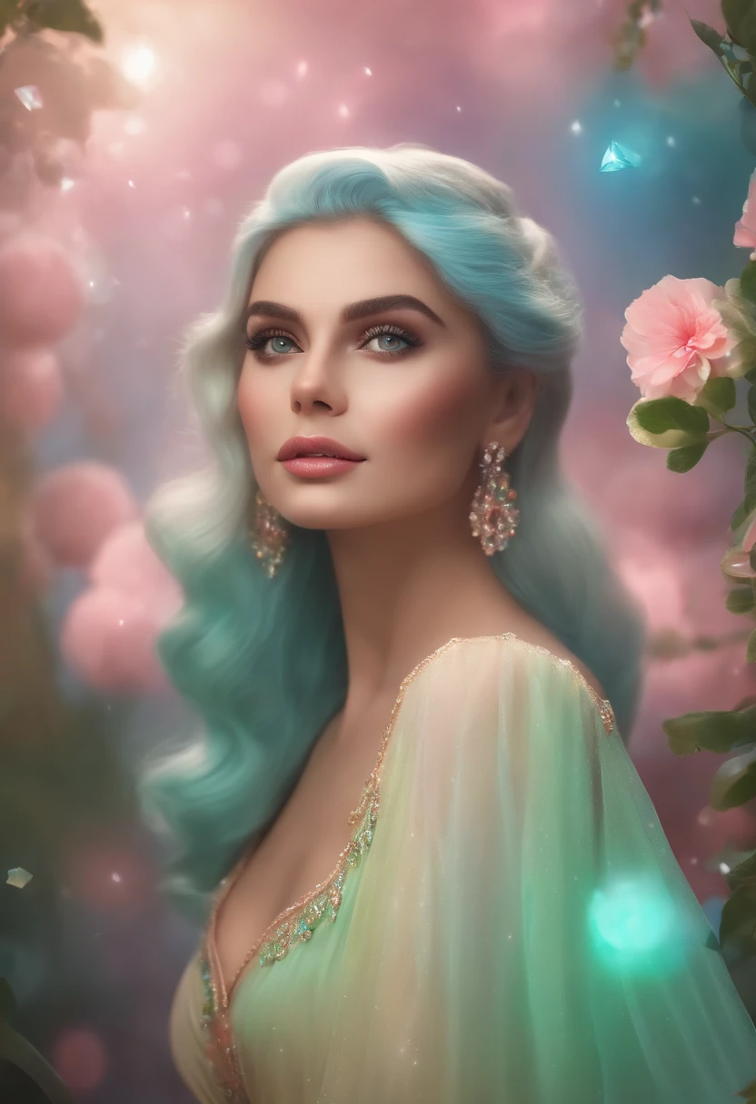 (cores fluorescentes:1.4),(translucent:1.4),(Filtros retro:1.4), (fantasia:1.4), world of sweets Disney earth ethereal soft cute landscape soft forest snowavatar pastel pink sky green blue ethereal brightness pastel light whimsical light rainbow stars diamonds brightness gemstone background hyper realistic Ultra quality cinematic lighting immense detail Full hd painting Well lit,franja diagonal, , vestido de gola alta,ao lado, master part, best quality,pele real,(retrato:1.5), 1girl, franja contundente, cabelos longos