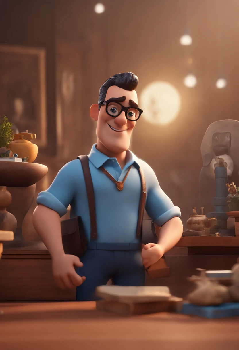 Cartoon character of a man with black glasses and a blue shirt, animation character, Caractere estilizado, animation style rendering, 3D estilizado, Arnold Maya render, 3 d render stylized, toon render keyshot, Personagem 3D, Personagem 3D, 3d rendering stylized, 3 d character render, personagem de desenho animado, Personagem de close up, Pose de personagem, (Estilo Pixar) (master part:1.2) (Bokeh) (best quality) (pele detalhada) (textura detalhada) (8k) (argila) (Cinematic lighting) (foco nítido