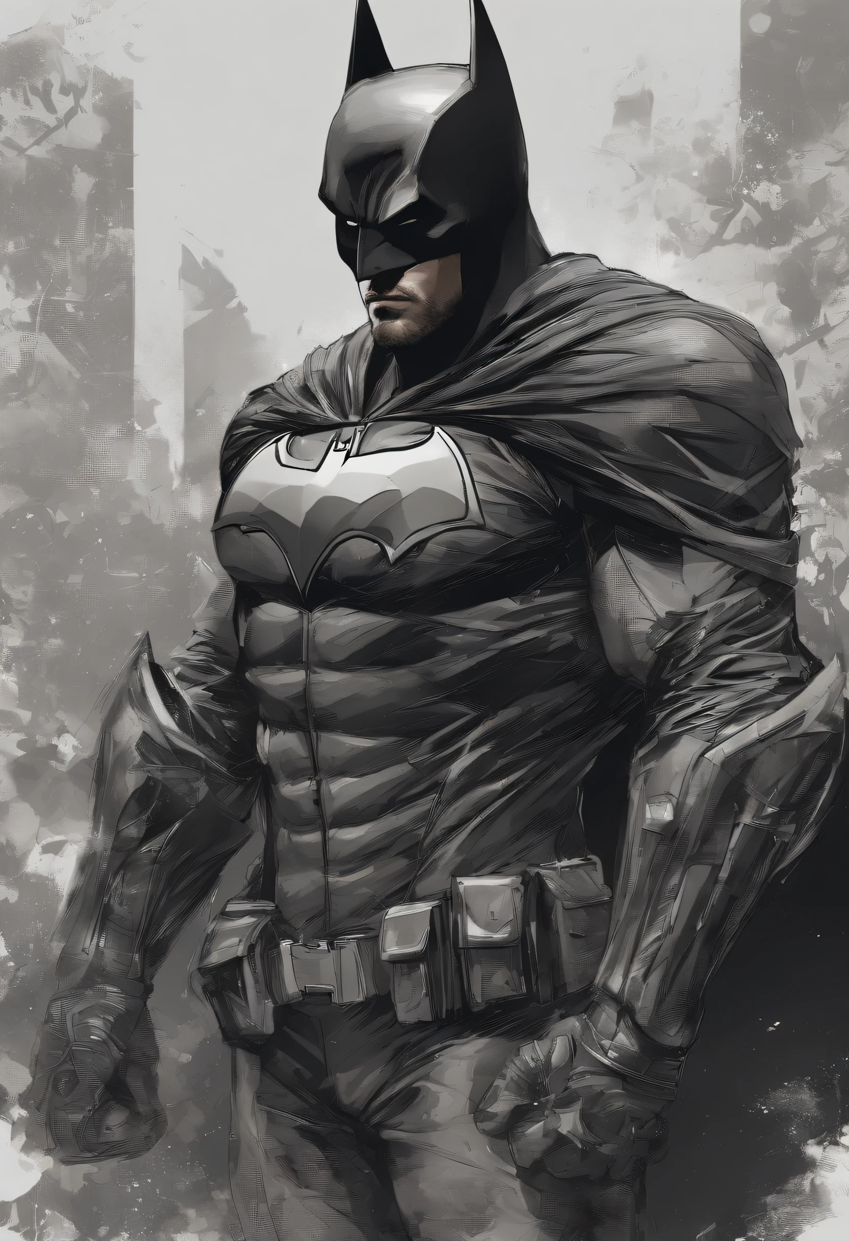 Toma de enfoque facial, 1 hombre, solamente, Ben Affleck como Batman., alto, trozo, muscular, bulto, hombro ancho, Fotorrealismo, cara sonriente, Brazos cruzados, (Apoyado en una pared), Traje gris sucio oscuro, Brazos gris oscuro, ((no mask)), mask off, cabello negro, Guantes negros, La mejor calidad, Obra maestra, High resolution:1.2, capa negra, High dealtoe mask, Traje de alto dealtoe, Cara alta y dealtoada, Galardonado, Noche, Una cueva oscura en el fondo, dentro