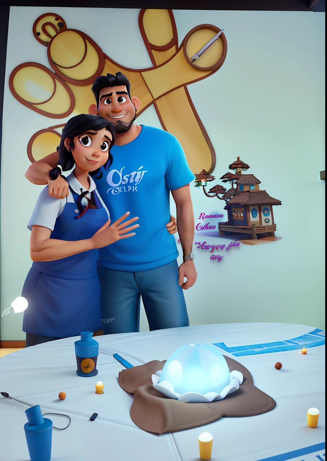 Poster no estilo Disney pixar, alta qualidade, melhor qualidade, homem sexy branco, 30 anos cabelo grisalho barba preta, musculoso, com fundo em um restaurante a luz de velas