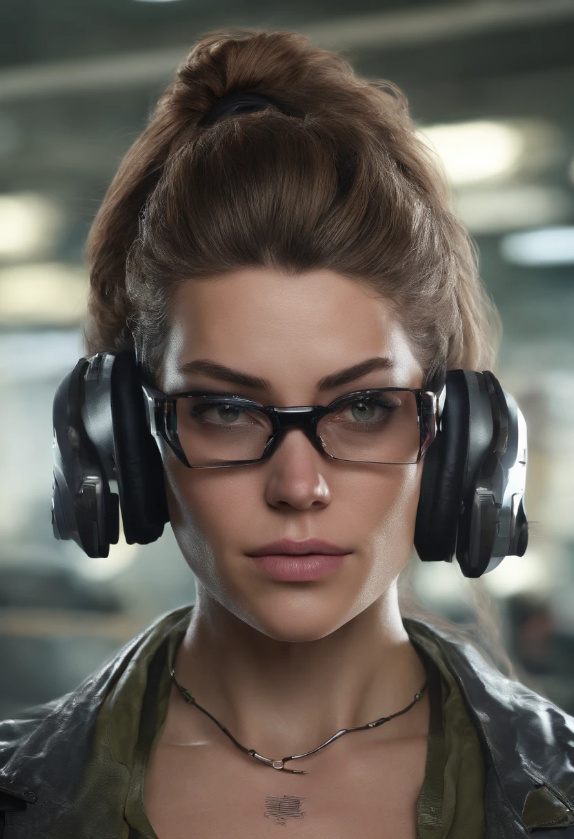 (cientista militar cyberpunk:1) (1Mulher) tema escuro :: foco no rosto de closeup, cara curiosa, Rosto de Katee Sackhoff, ultra realistic futuristic cyberpunk tall athletic woman, :: medium brown hair, Futuristic Nerd Glasses :: Inside the cyberpunk office :: olhos castanhos :: natural lighting :: Bokeh :: 8k :: best quality :: master part :: insanamente detalhado:1.5