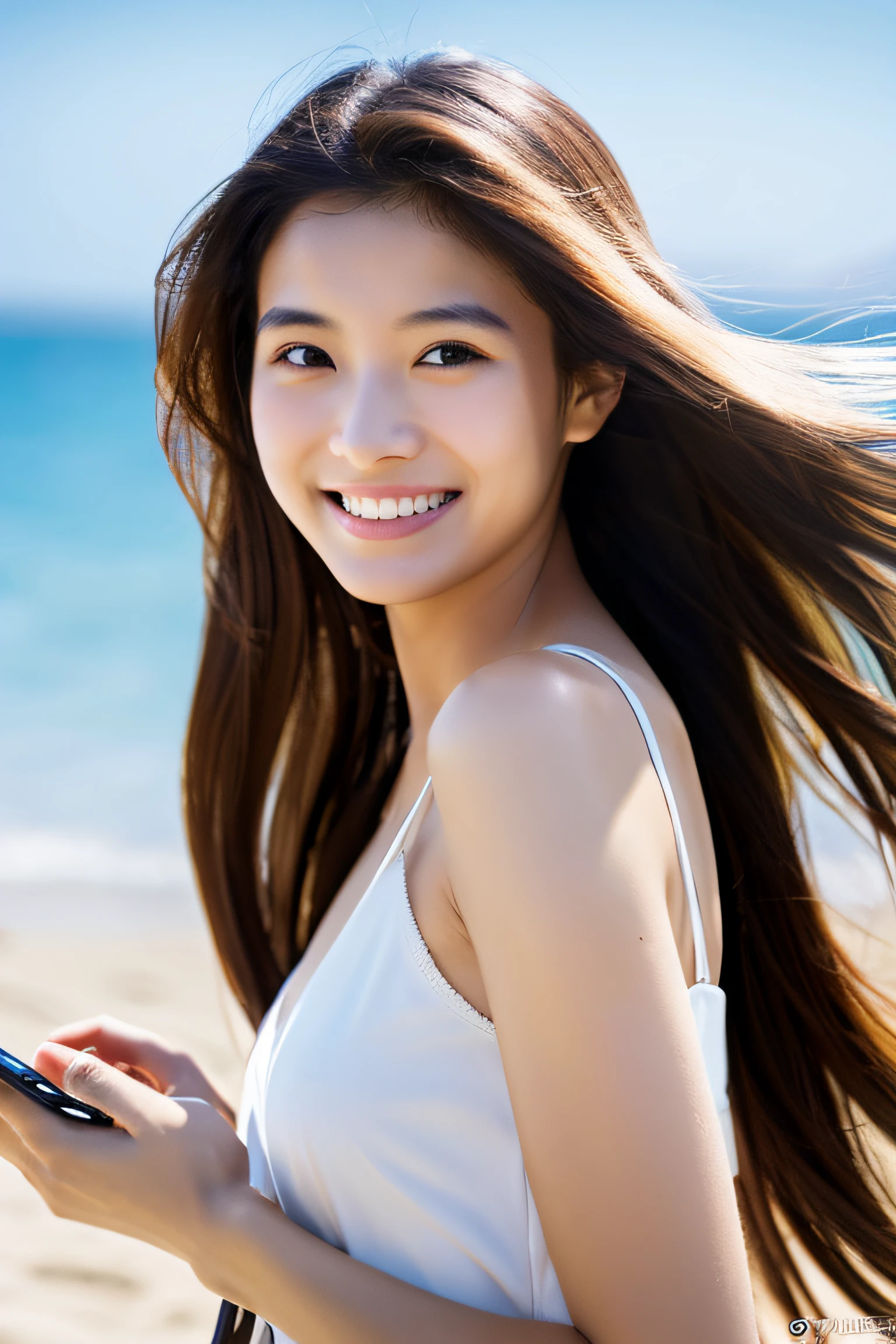 1 Girl using a smartphone in the beach at noon、walking in the street、Walking、Gaze to the side、A delightful、Beautie、Tremendously beautiful、dual、A slender、a smile、The long-haired, high quality image, high resolution in detail, try-x, ISO1600, super realistic photo, fine skins, fine hair, 135mm lens, bust shot