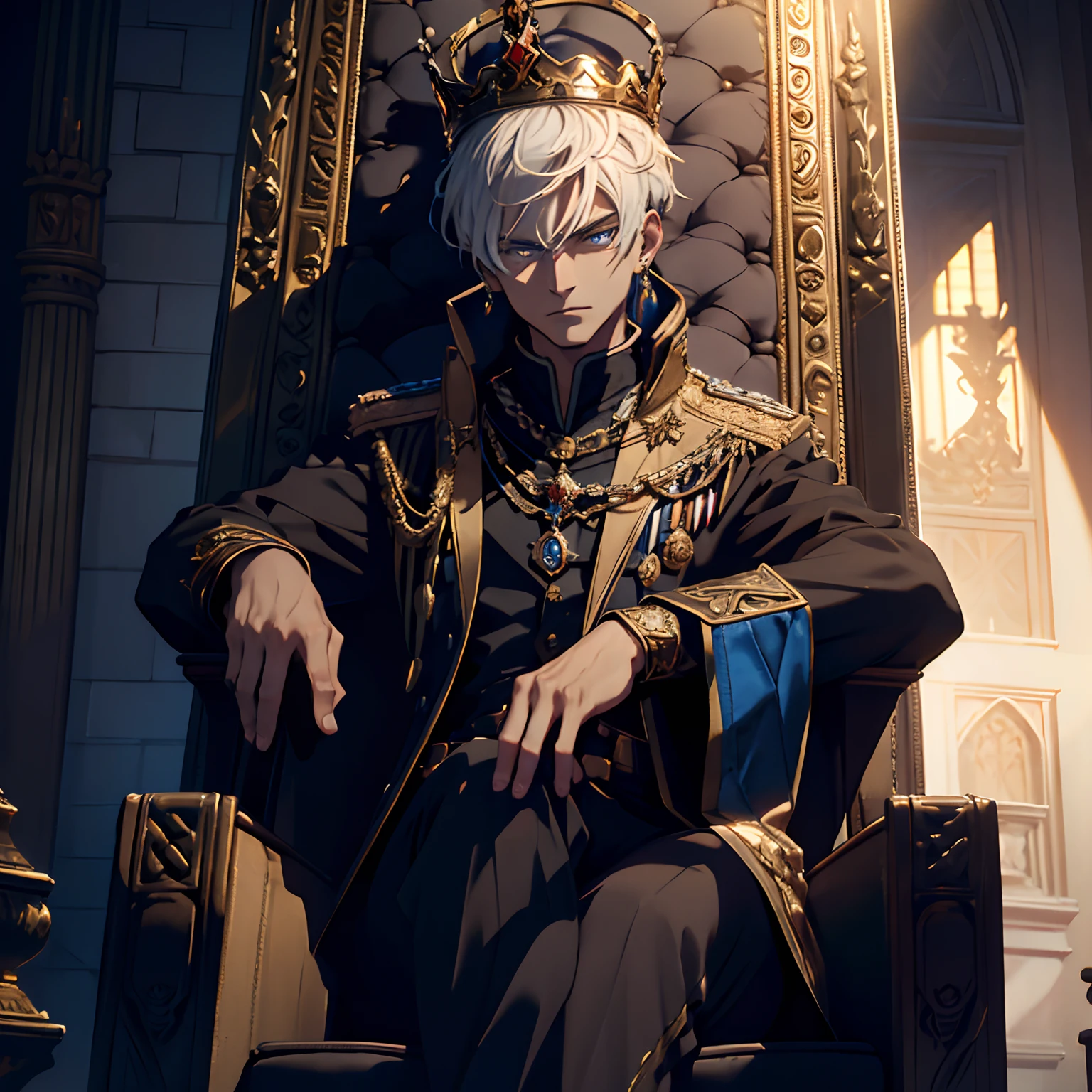 (A boy with a crown, throne, sitting, white hair, posing like a tyrant king, blue eyes), oil painting, regal background, detailed crown, intricate throne, vibrant colors, dramatic lighting, ultra-realistic details, high resolution, majestic presence, royal attire, intense gaze, aged facial features, intricate jewelry, confident posture, dominant expression, intricate patterns, elaborate tapestries, grand atmosphere, dark shadows, elaborate gold accents, authoritative aura.