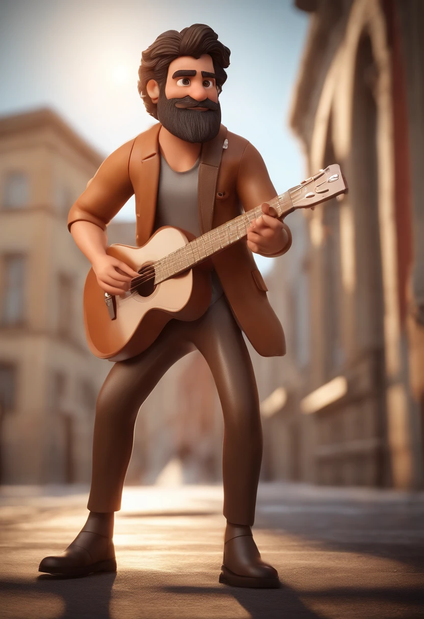 personagem de desenho animado de um homem com, barba curta e preta, cabelo curto com topete, playing the guitar, animation character, Caractere estilizado, animation style rendering, 3D estilizado, Arnold Maya render, 3 d render stylized, toon render keyshot, Personagem 3D, Personagem 3D, 3d rendering stylized, 3 d character render, personagem de desenho animado, Personagem de close up, Pose de personagem, (Estilo Pixar) (master part:1.2) (Bokeh) (best quality) (pele detalhada) (textura detalhada) (8k) (argila) (Cinematic lighting) (foco nítido