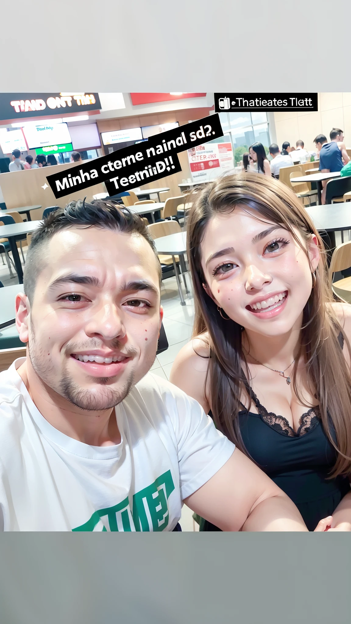Young couple sitting at table, in a food court. They're happy and they're beautiful