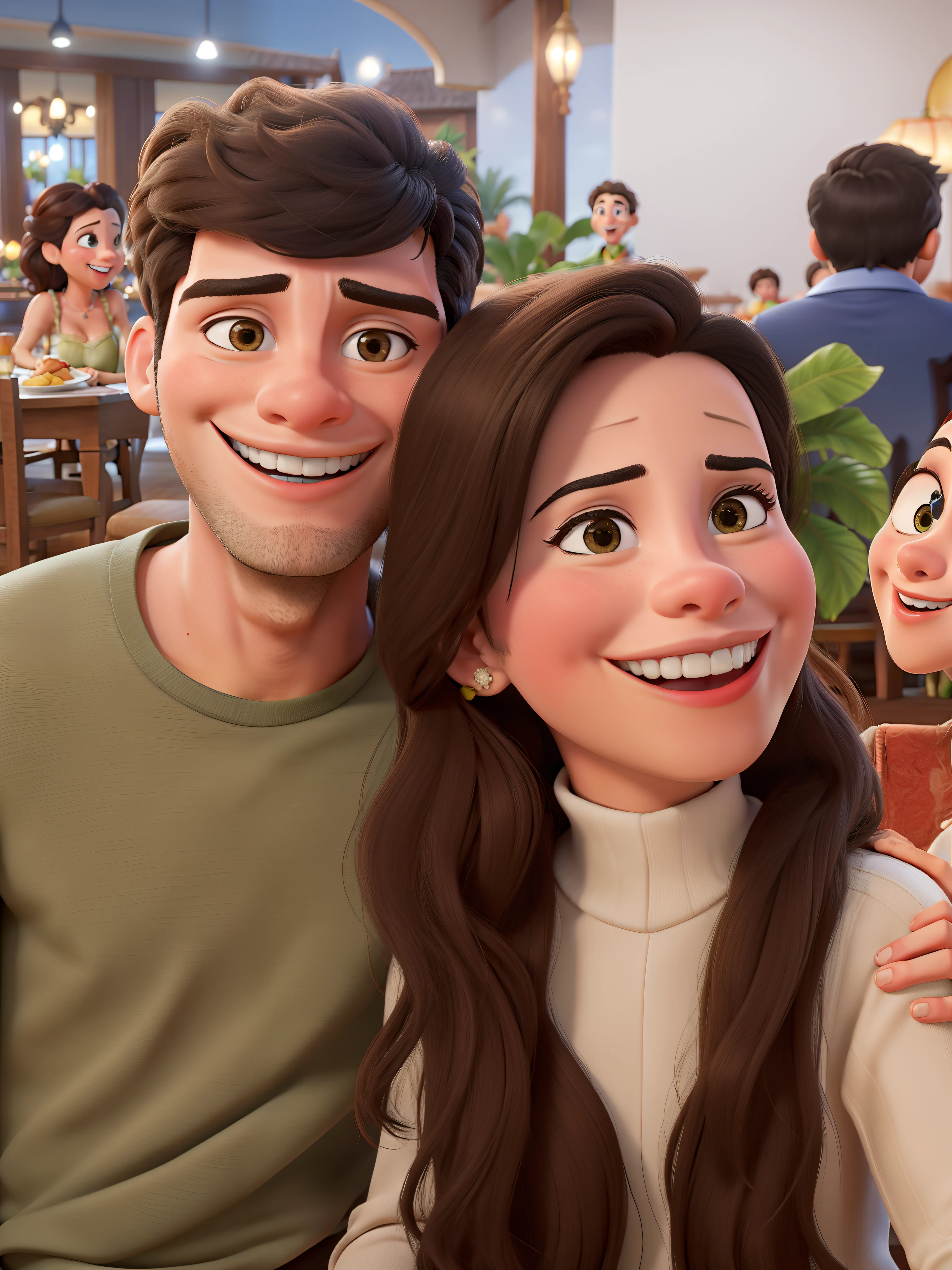 Casal estilo Disney sorrindo no restaurante.