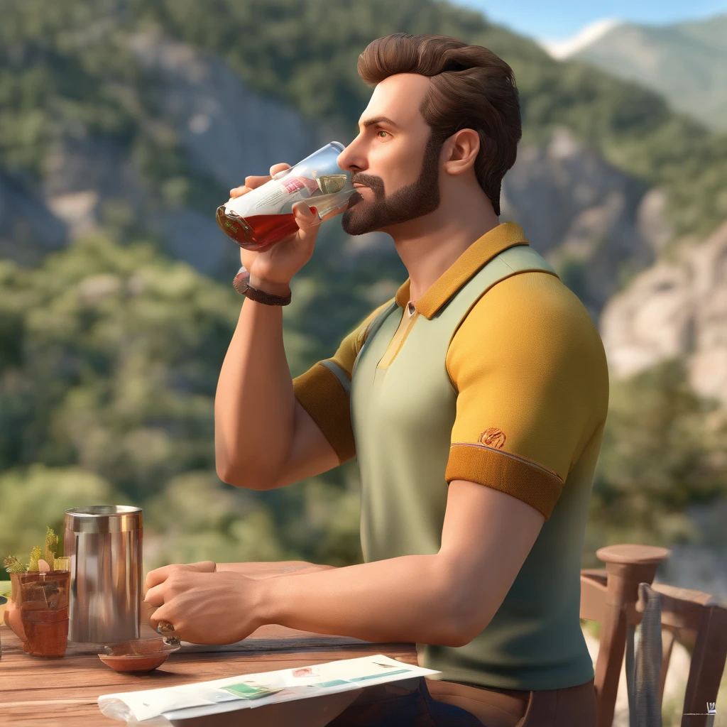Italian man, about 35 years old,  light brown hair, light brown eyes, wearing a Polo drinking mate in the south of brazil mountains with snow