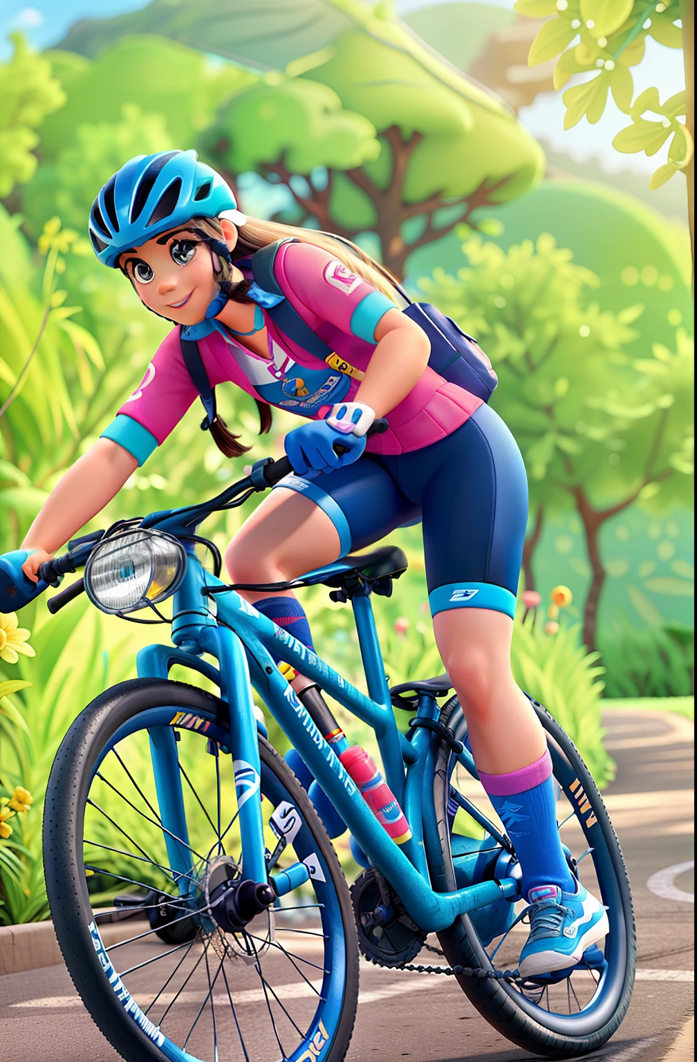 uma ciclista branca, in a children's clinic, estilo disney pixar, alta qualidade, montainbiker.