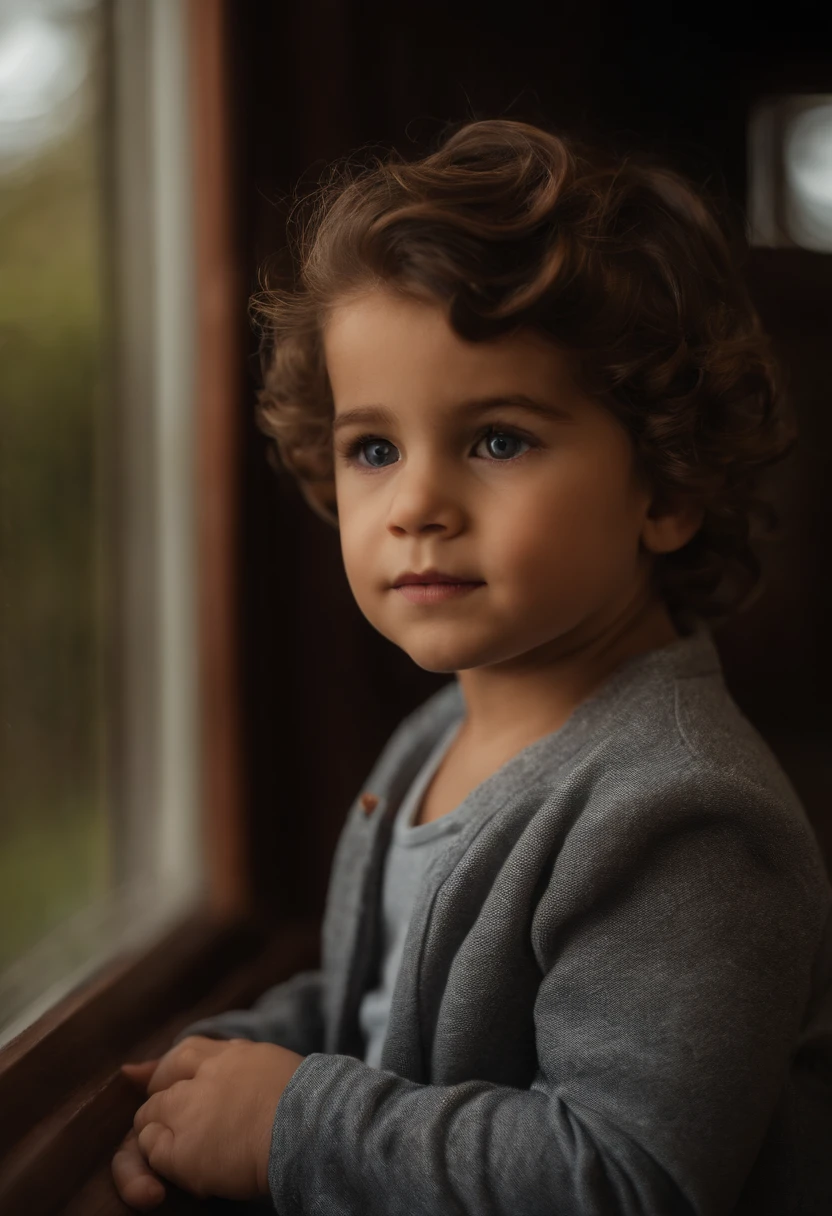 menino: Miguel, aproximadamente 5 anos de idade, cabelo curto estilo Disney, olhos castanhos e sorrisos. garota: Giovana, 2 anos, longos cabelos pretos e olhos azuis. scenecy: Miguel and Giovana are in a cozy little house in the valley, ao fundo um dia ensolarado, Destacando o Sol.