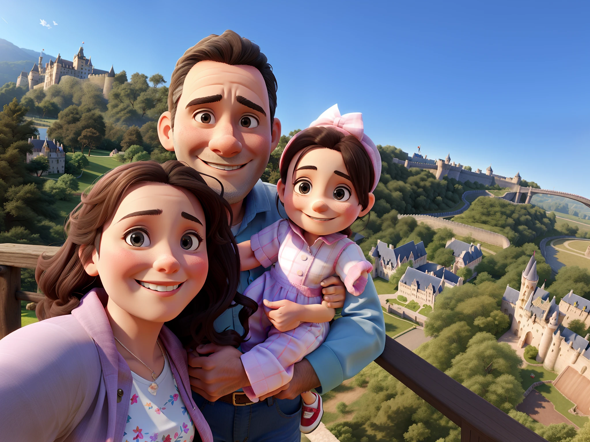 Mother, father and daughter smiling with castle in the background