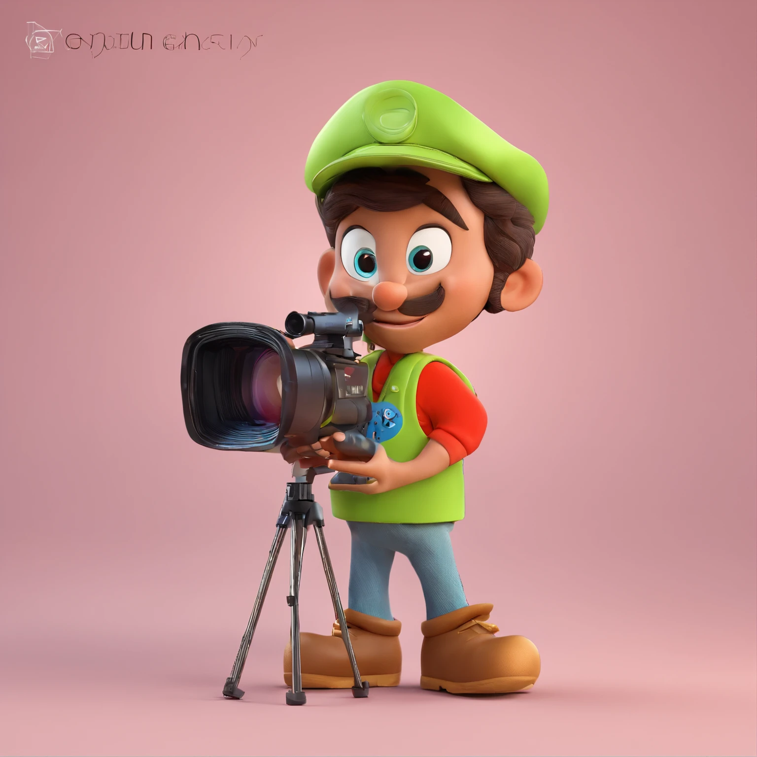 Crie um cartaz inspirado na Disney Pixar com o personagem sendo o Paulo Ribeiro, A journalist with a television microphone in his hand in front of a camcorder. In one of your hands place a notebook.