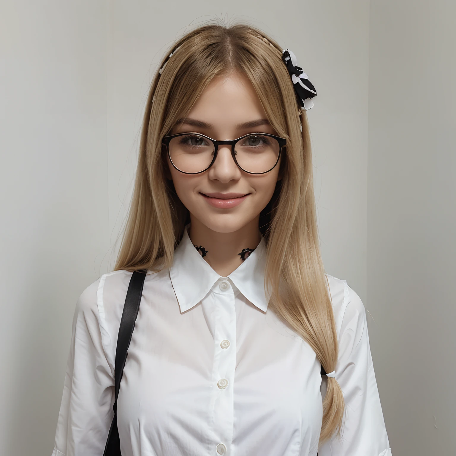 Create a smiling girl, parda, cabelo longo, Straight and very light blonde, olhos castanhos esverdeados, with black and square frame glasses, Dressed in a white blouse with a bow on the collar.