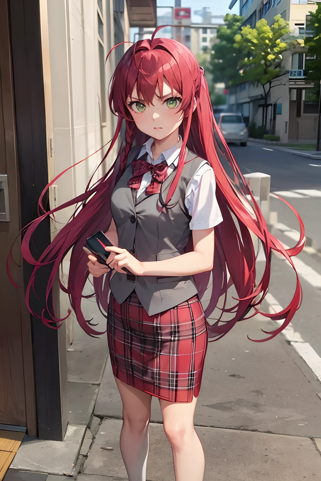 Emi Yusa, standing, full body, ,angry, looking at viewer, ((wearing a light grey vest with long white sleeves)), ((black and red plaid pencil skirt)), red bow on vest hem