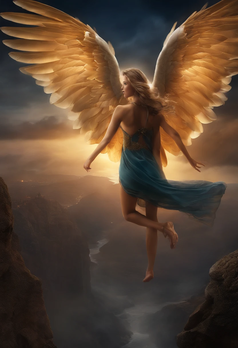 Fallen Angel, glowing light eyes, biomechanical, eery, creepy, nightmarish, Very bright colors, light Particle, with light glowing, Fallen Angel in Prison、Fallen Angel in Prison、Fallen Angel in Chains、The Four Fallen Angels、Fallen angels chained to four fallen angels on the Euphrates River、Facial expressions of suffering