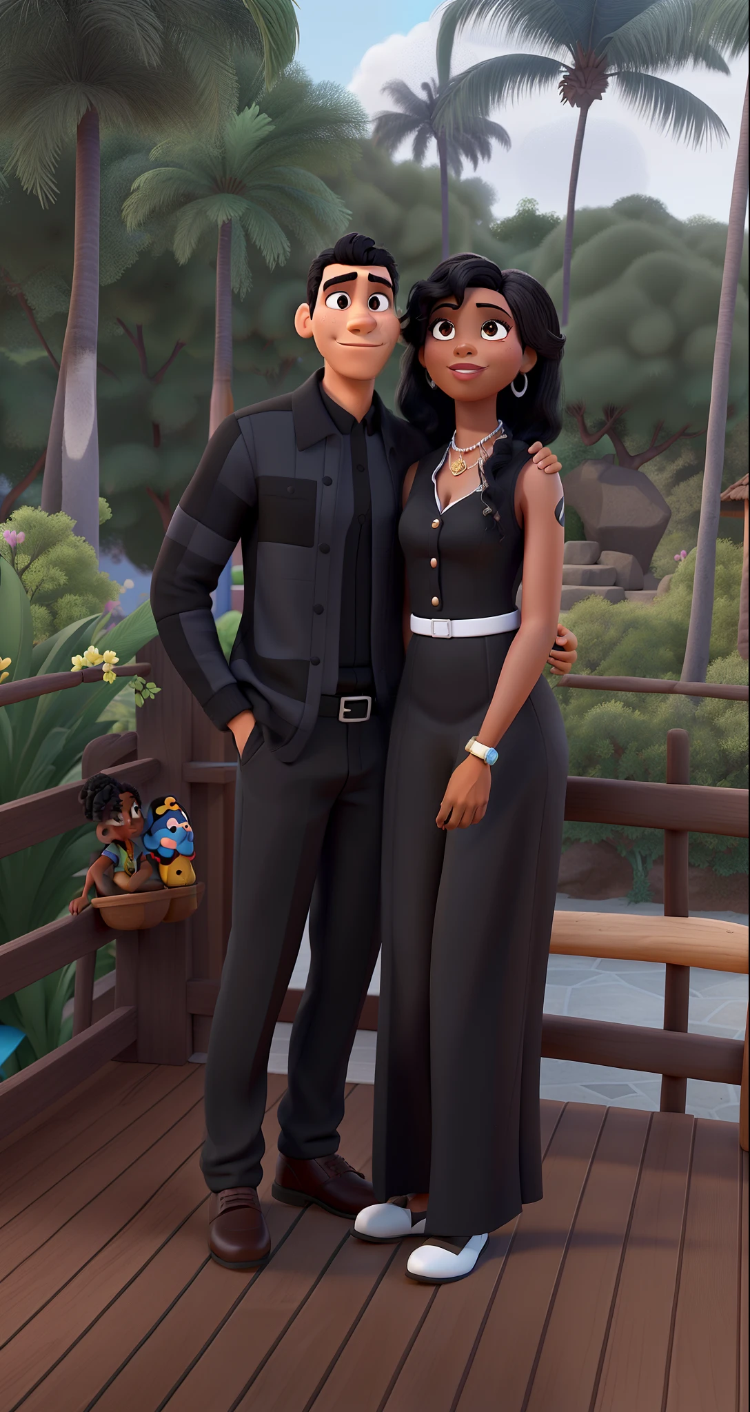 Casal (homem negro e mulher negra) no estilo Disney Pixar, alta qualidade, melhor qualidade.