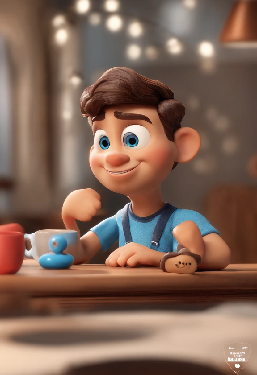 Personagem de desenho animado de um homem usando uma camisa azul, olhos castanhos, cabelo preto um personagem animado, Caractere estilizado, animation style rendering, 3D estilizado, Arnold Maya render, 3 d render stylized, toon render keyshot, Personagem 3D, Personagem 3D, 3d rendering stylized, 3 d character render, personagem de desenho animado, Personagem de close up, Pose de personagem, (Estilo Pixar) (master part:1.2) (Bokeh) (best quality) (pele detalhada) (textura detalhada) (8k) (argila) (Cinematic lighting) (foco nítido,Senta e vaza a parte superior do corpo
