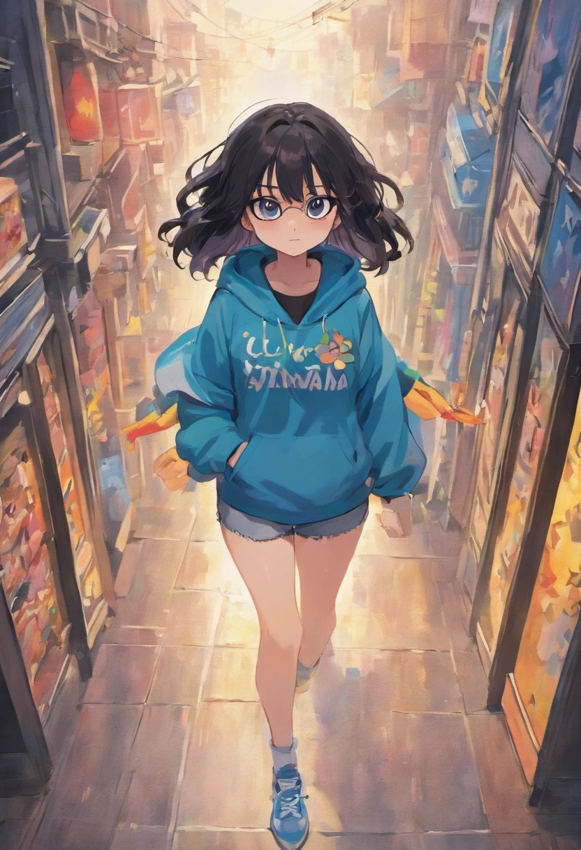 Disney Style Cartoon Poster : mulher , japonesa, bochechas salientes, big eyeglasses , long dark hair not so straight, camiseta preta , Jeans and white sneakers , andando com guarda chuva , coelho preto lionhead ao lado