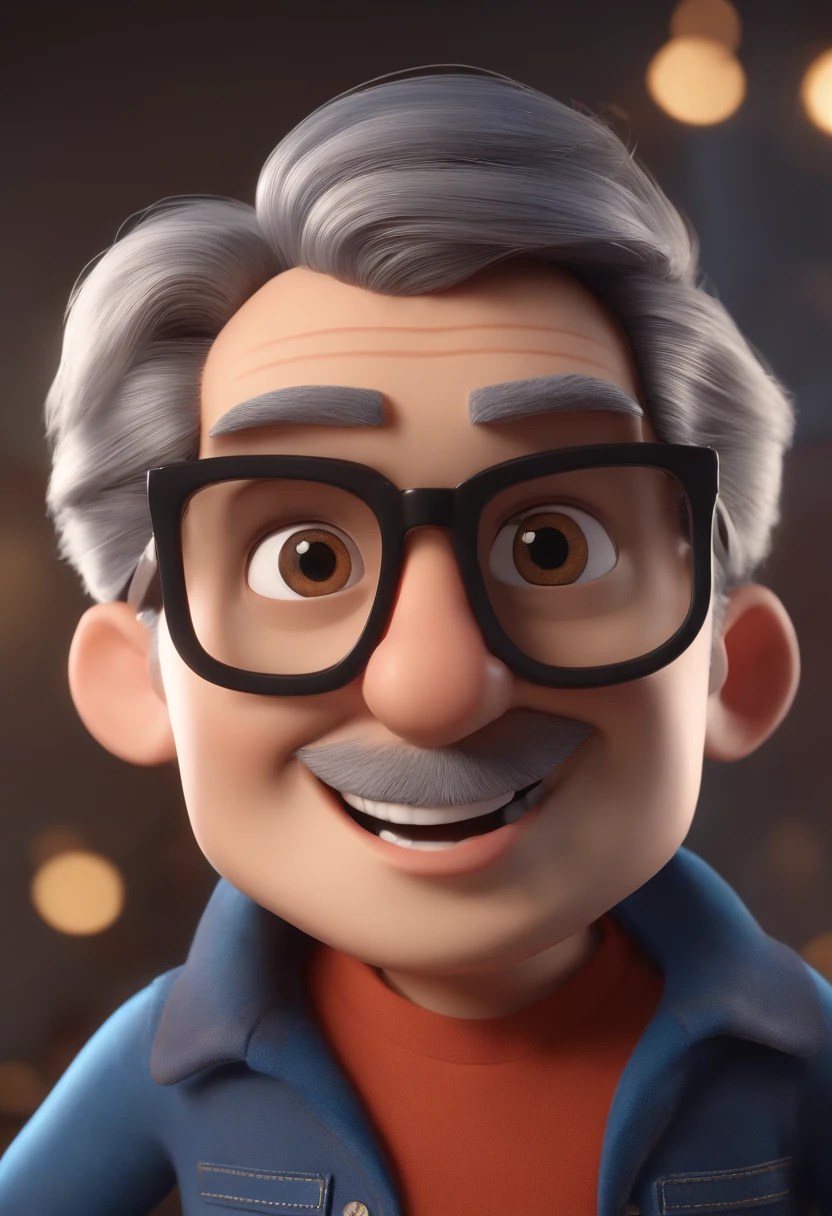Cartoon character of a man wearing black glasses and a blue shirt, um personagem animado, Caractere estilizado, animation style rendering, 3D estilizado, Arnold Maya render, 3 d render stylized, toon render keyshot, Personagem 3D, Personagem 3D, 3d rendering stylized, 3 d character render, personagem de desenho animado, Personagem de close up, Pose de personagem, (Estilo Pixar) (master part:1.2) (Bokeh) (best quality) (pele detalhada) (textura detalhada) (8k) (argila) (Cinematic lighting) (foco nítido，Senta e vaza a parte superior do corpo