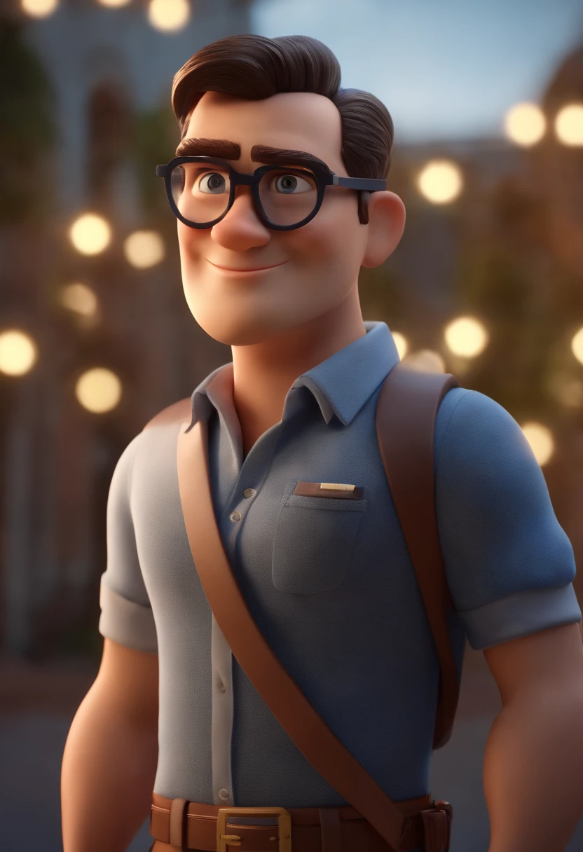 Cartoon character of a man wearing black glasses and a blue shirt, um personagem animado, Caractere estilizado, animation style rendering, 3D estilizado, Arnold Maya render, 3 d render stylized, toon render keyshot, Personagem 3D, Personagem 3D, 3d rendering stylized, 3 d character render, personagem de desenho animado, Personagem de close up, Pose de personagem, (Estilo Pixar) (master part:1.2) (Bokeh) (best quality) (pele detalhada) (textura detalhada) (8k) (argila) (Cinematic lighting) (foco nítido，Senta e vaza a parte superior do corpo