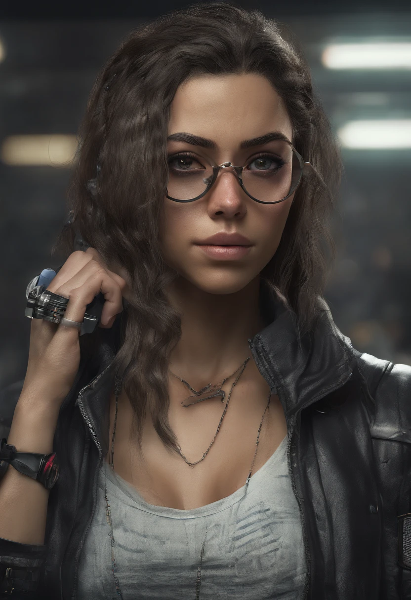 (cientista militar cyberpunk:1) (1Mulher) tema escuro :: foco no rosto de closeup, cara curiosa, Carlos PARA's face ultra realistic futuristic cyberpunk tall athletic woman, :: medium brown hair, Futuristic Nerd Glasses :: Inside the cyberpunk office :: olhos castanhos :: natural lighting :: Bokeh :: 8k :: best quality :: master part :: insanamente detalhado:1.5