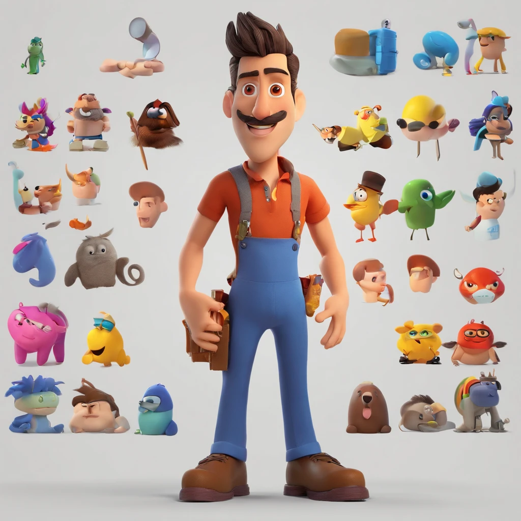 Criar um personagem no estilo Pixar. Trata-se de um homem de 30 anos, com barba, Branco, com cabelos castanhos curtos e um quiff, e olhos castanhos. Ele deve estar na frente de um computador, Trabalhar como designer