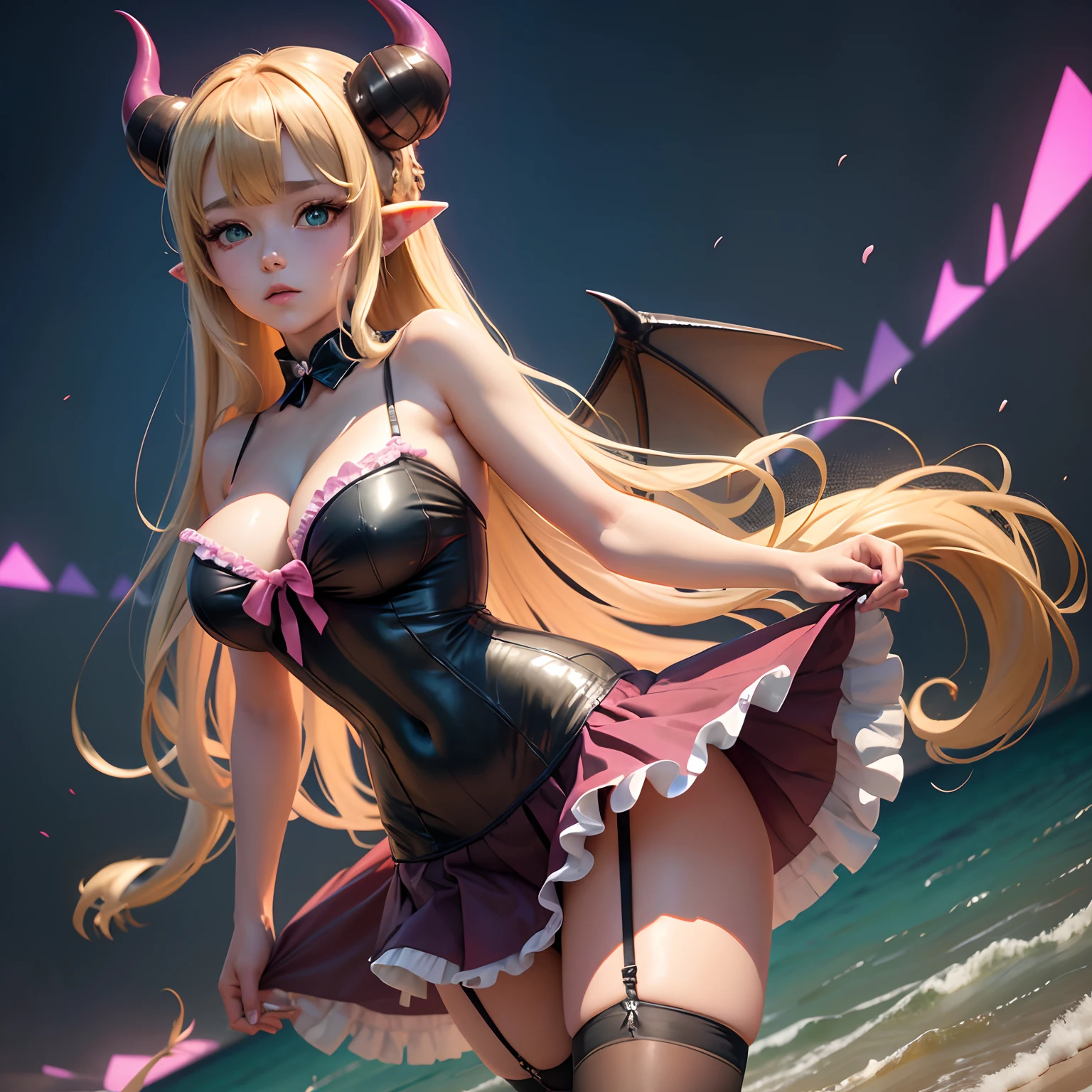 yuzuki choco, holo live,blonde hair,long hair,green eyes,demon girl,demon horns,demon wings,demon tail,pointy ears,pink shirt,white coat,large breasts,black skirt,pencil skirt,garter straps,thighhighs,cleavage, full body, swimsuit, polka dot cloth, beautifuly color Clothes, beach, bright, absurdres,