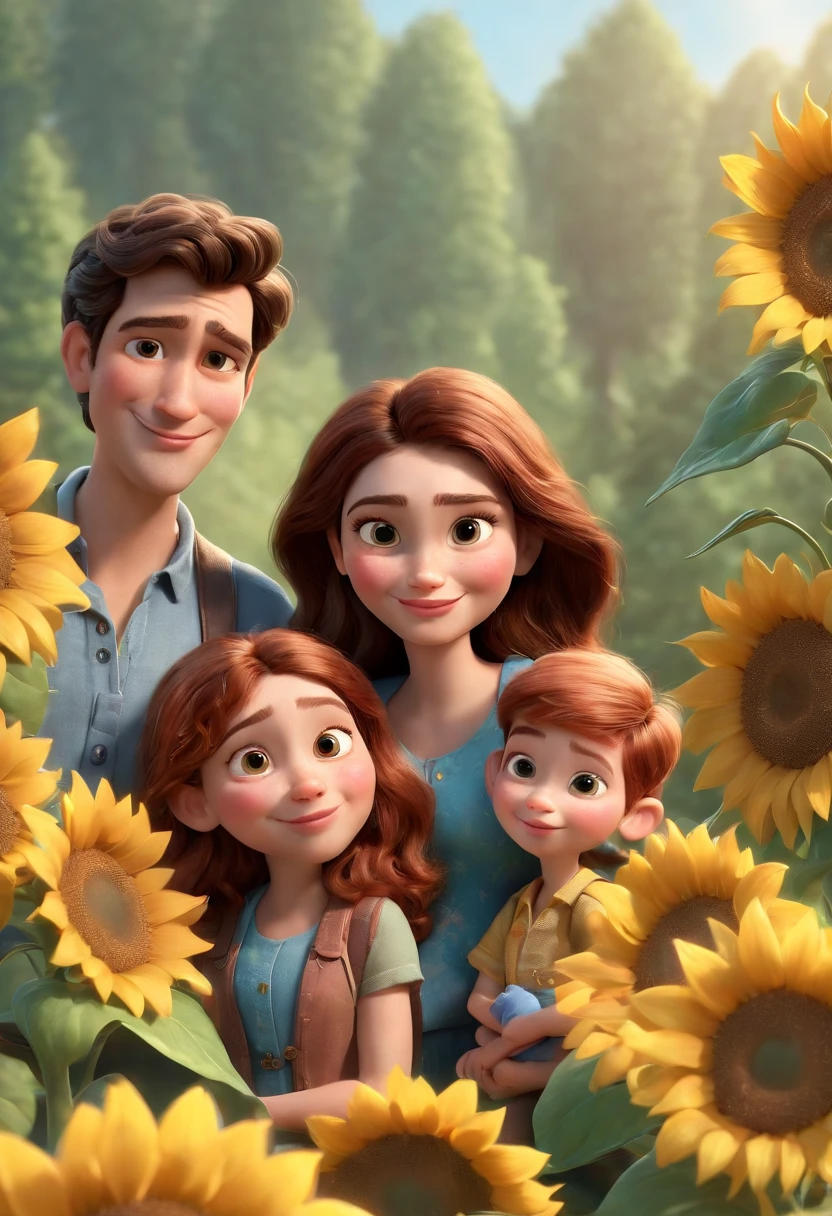 Create a Disney PIXAR-style 3D poster. ((centro da imagem,gemeos)), ((2 children)) ((1 menino  e 1 meninas ao lado, They're hugging each other, O menino tem pele morena e cabelos pretos e olhos castanhos escuros, 1 menina tem pele morena, olhos e cabelos escuros e lisos longos,)) ((tudo isso no estilo Disney PIXAR 3D, In the background, A house of sunflowers, Gloria Studio, The garden is full of nature 3D render RTX clay material, estilo de design cartunesco, POP Mart, soft lighting, linhas suaves, Spring tilt, Detailed illustrations of PIXAR 3D, Detalhes hiper-realistas, cor quente no estilo Disney PIXAR 3D))