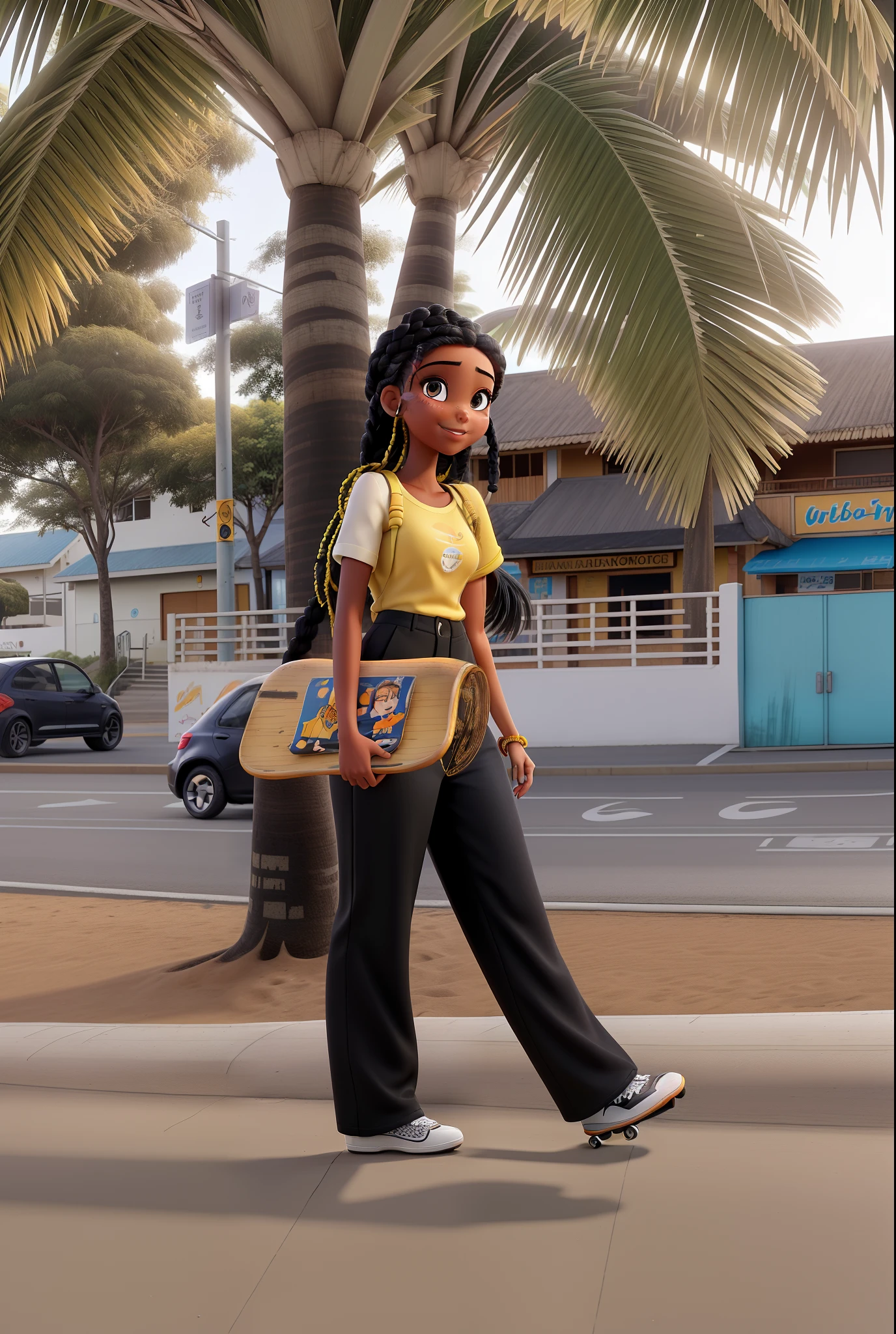 Mulher, branca, com corpo perfeito, lindo sorriso, cabelos longos, pretos e lisos, Braided, with black pants, blusa amarela, Walking down the street with a skateboard in hand, Beach street scenery.