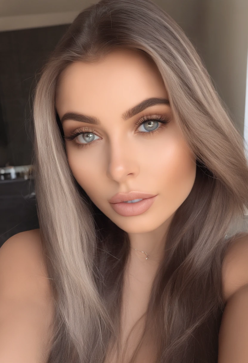 arafed woman with black clothes, sexy girl with brown eyes, portrait sophie mudd, brown hair and large eyes, selfie of a young woman, bedroom eyes, violet myers, without makeup, natural makeup, looking directly at the camera, face with artgram, subtle makeup, stunning full body shot, at the club, cleavage, big boobs