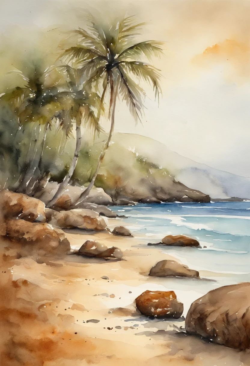 paisagem de uma praia em tons de marrom, aquarela, poucos elementos.