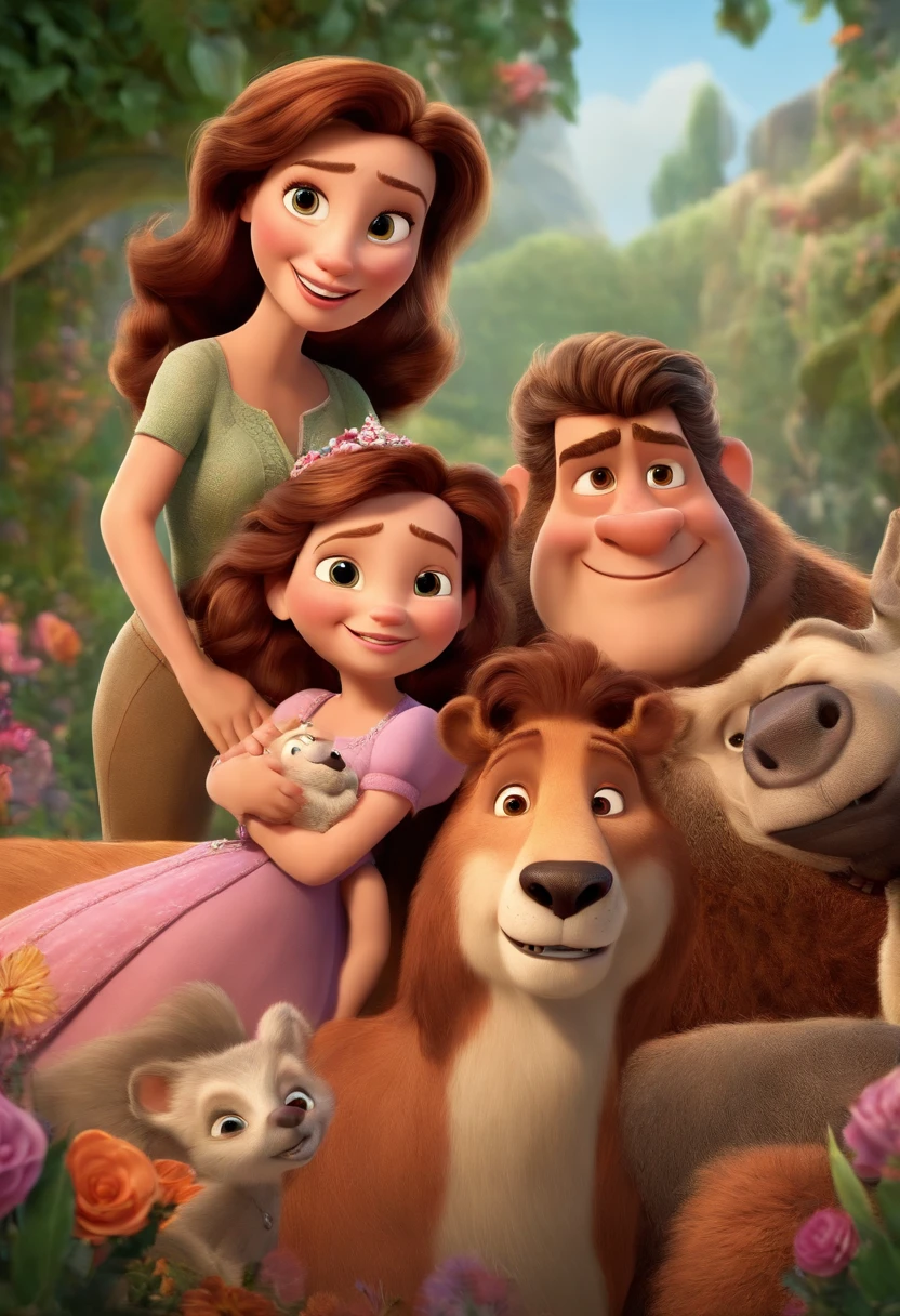 a Disney Pixar movie poster showing a white-skinned family. The father is the tallest, Tem barba curta, loiro, cabelos curtos e espinhosos. The mother has brown eyes and hair, shoulder-length and is slightly overweight. A menina tem 4 anos e cabelos castanhos, roupa rosa e rabos de cavalo. The background is a beach garden. 3D-rendering