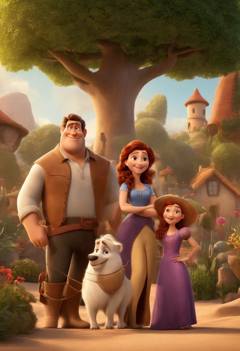 a Disney Pixar movie poster showing a white-skinned family. The father is the tallest, Tem barba curta, loiro, cabelos curtos e espinhosos. The mother has brown eyes and hair, shoulder-length and is slightly overweight. A menina tem 4 anos e cabelos castanhos, roupa rosa e rabos de cavalo. The background is a beach garden. 3D-rendering