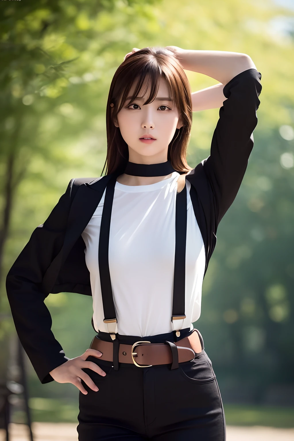 ​masterpiece、flat-colors、depth of fields、lens flare 1 girl、、Brown hair、watching at viewers　　　　a belt　black suspenders　　　large full breasts　　　 　 Armpit sweat　perspiring　Side of both hands　　walls: 　Black pants, Black jacket holster　arm　Leg holster　　　arma　Gaze　　　Small face　bangss
