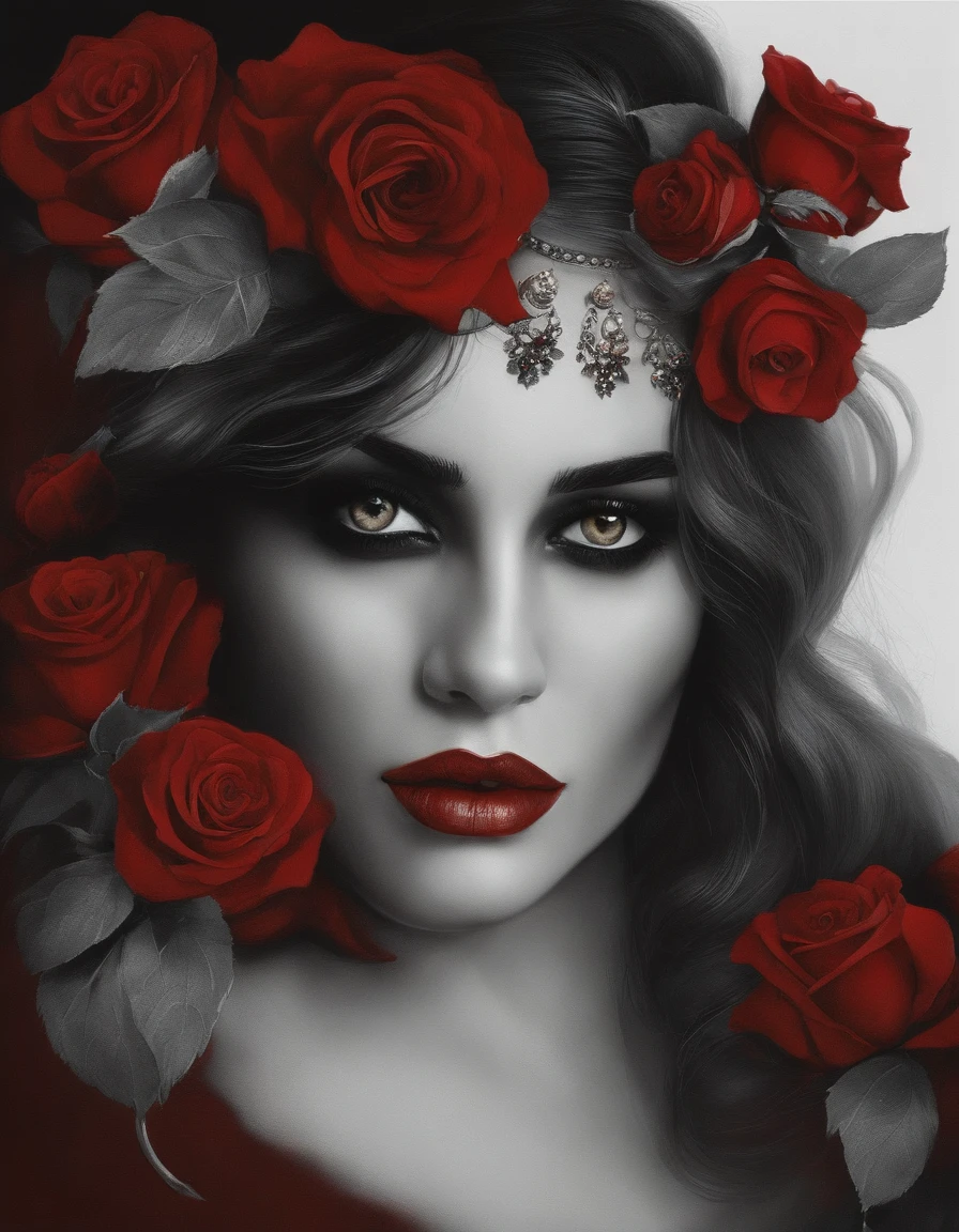 Retrato de uma Mulher branca com piercing no nariz, cabelo vermelho intenso escuro, escarlate, olhos cor de mel, vestido preto e nariz grande. Half of her face is a skull with a red rose in her hair