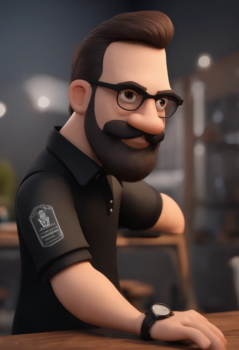 Cartoon character of a man with black glasses and a black polo shirt, cabelo liso, With beard and old school tattoo on his arm, animation character, Caractere estilizado, animation style rendering, 3D estilizado, Arnold Maya render, 3 d render stylized, toon render keyshot, Personagem 3D, Personagem 3D, 3d rendering stylized, 3 d character render, personagem de desenho animado, Personagem de close up, Pose de personagem, (Estilo Pixar) (master part:1.2) (Bokeh) (best quality) (pele detalhada) (textura detalhada) (8k) (argila) (Cinematic lighting) (foco nítido