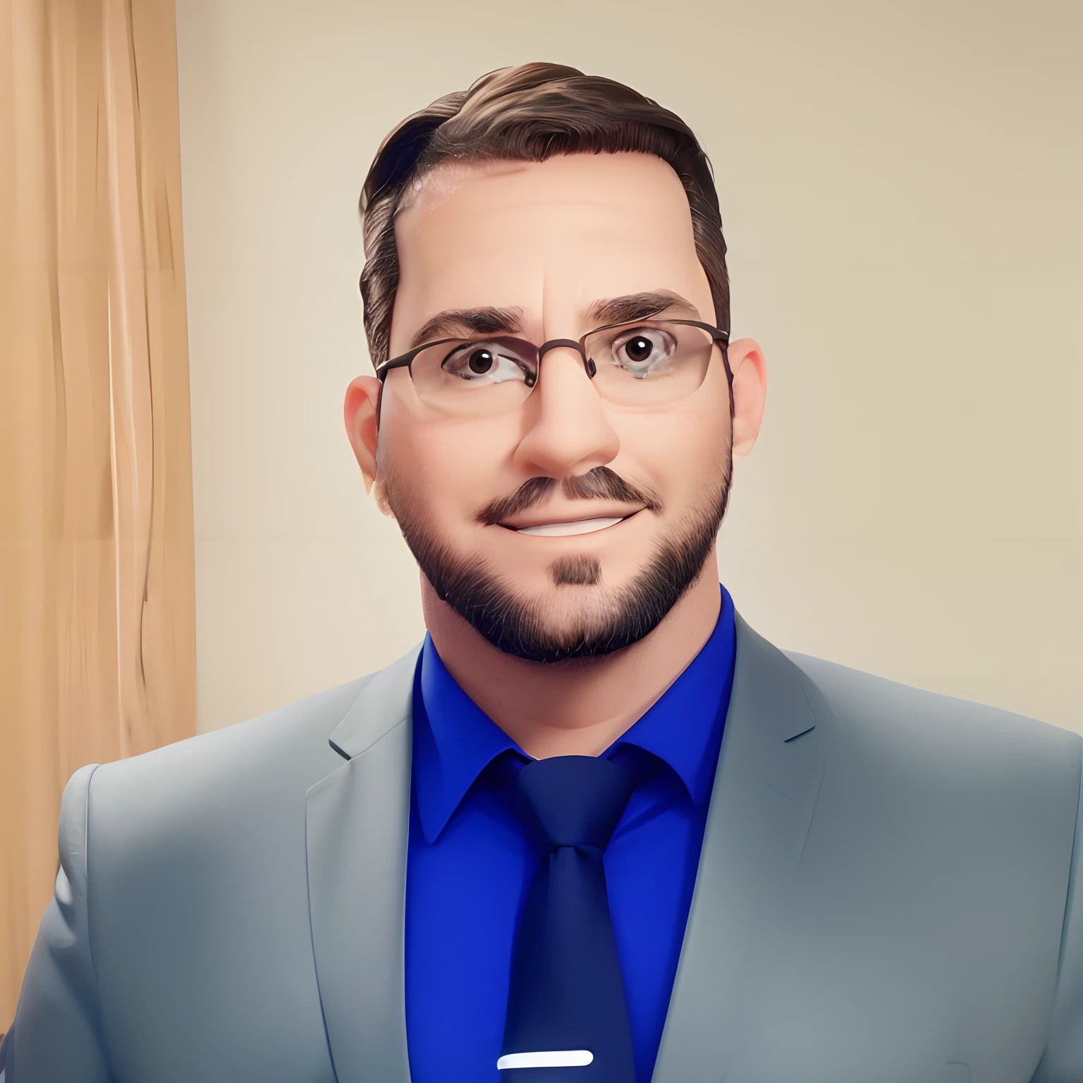 Advogado, inspirado na Disney Pixar. Um homem de cabelos claros curtos, Wearing glasses in an office with a book on the desk looking to the serious future, homem com barba clara curta, um terno