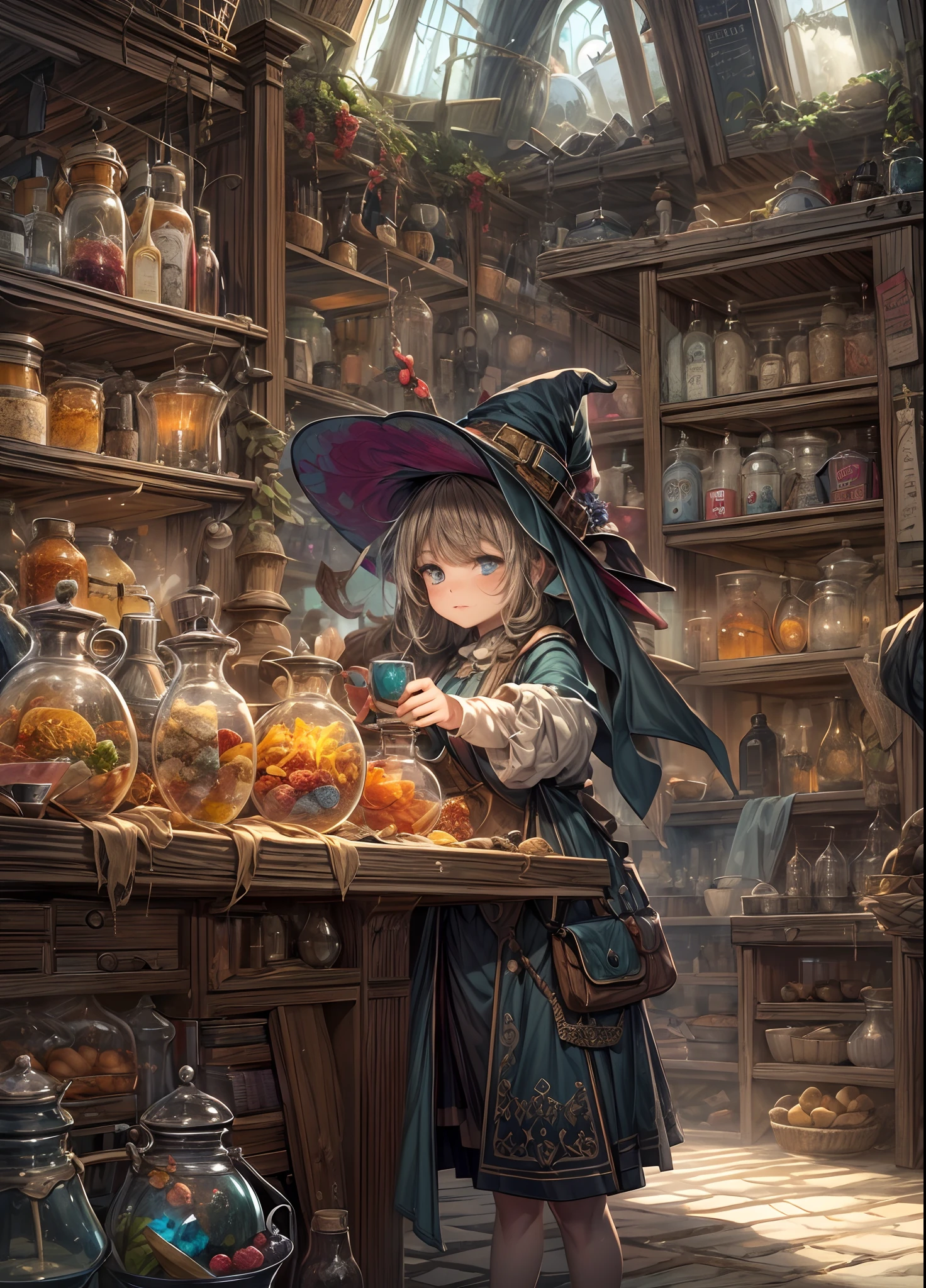 masterpiece, concept art, centered, panoramic, Potion store interior, mythical, fantasy theme, 1girl as a storekeeper, witch, cute, cozy, atmospheric, (epic composition, epic proportion, highly detailed), HD, vibrant color,