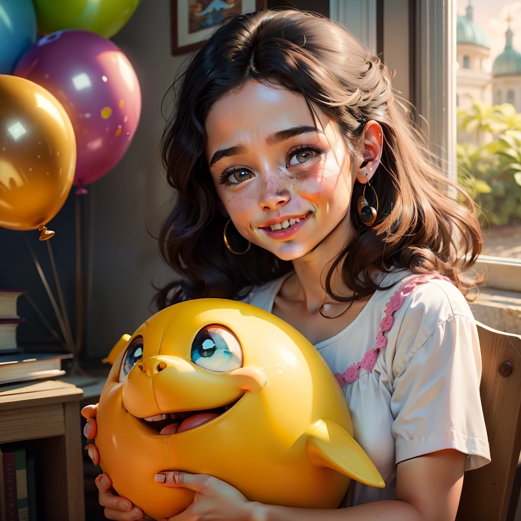 A fitting scene for a wonderful and amazing cover of a children's book or children's magazine, Um garotinho bonito da Inglaterra, corpo inteiro, sorridente, Jogar, Globos, incrivelmente detalhado, textura da pele de alta qualidade, Incrivelmente luz e sombra, desenhos animados realistas, estilo disney, Ultra HD |