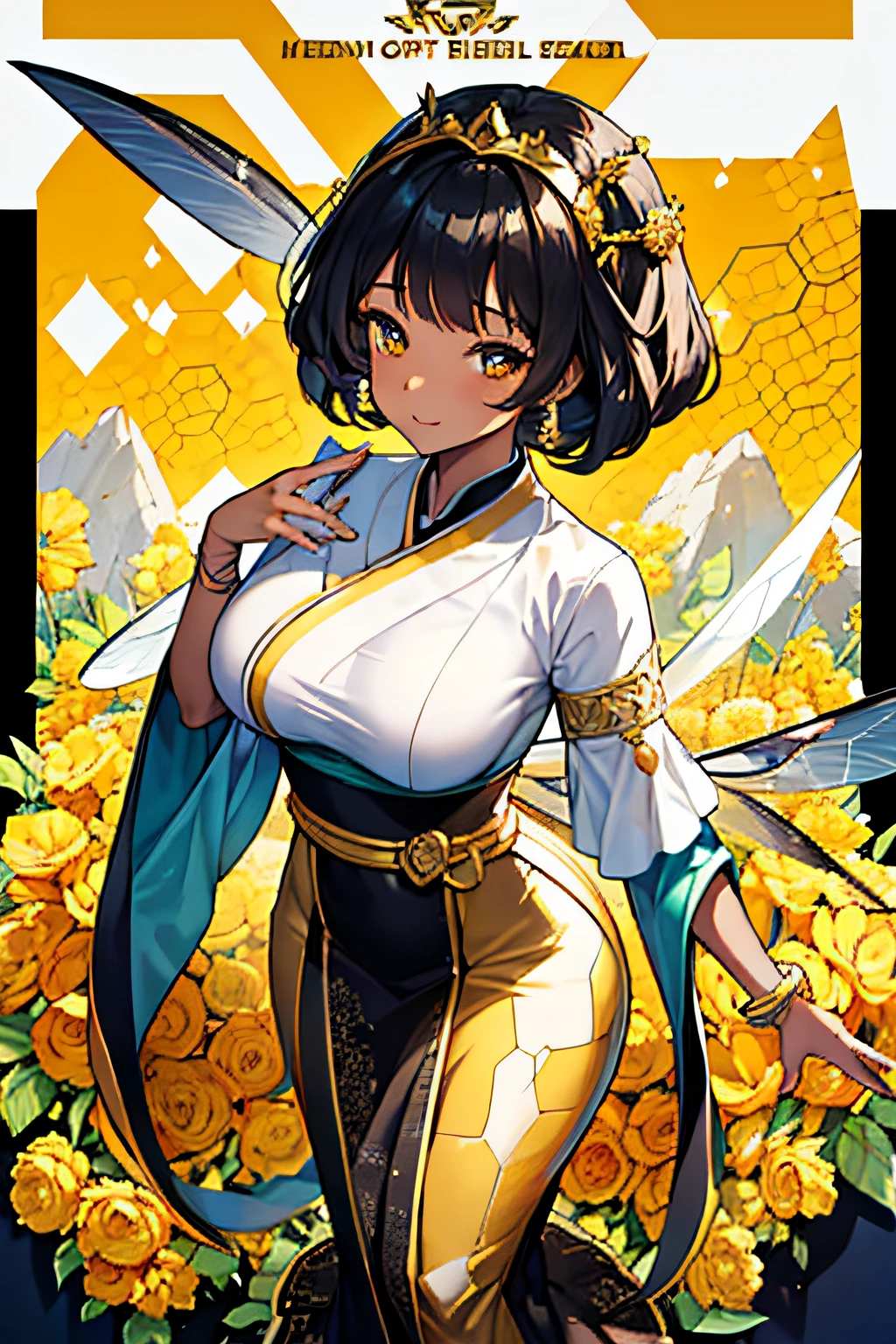 High quality, high image quality, ultra-detailed depiction. Anime poster, one black woman. One queen bee. A noble and beautiful woman. Golden God. A black and yellow dress with a skirt bulging at the back. Transparent insect wings. Compound eyes (Background view of a beehive with regular hexagons from above: 1.5), ((black skin)), asian clothes