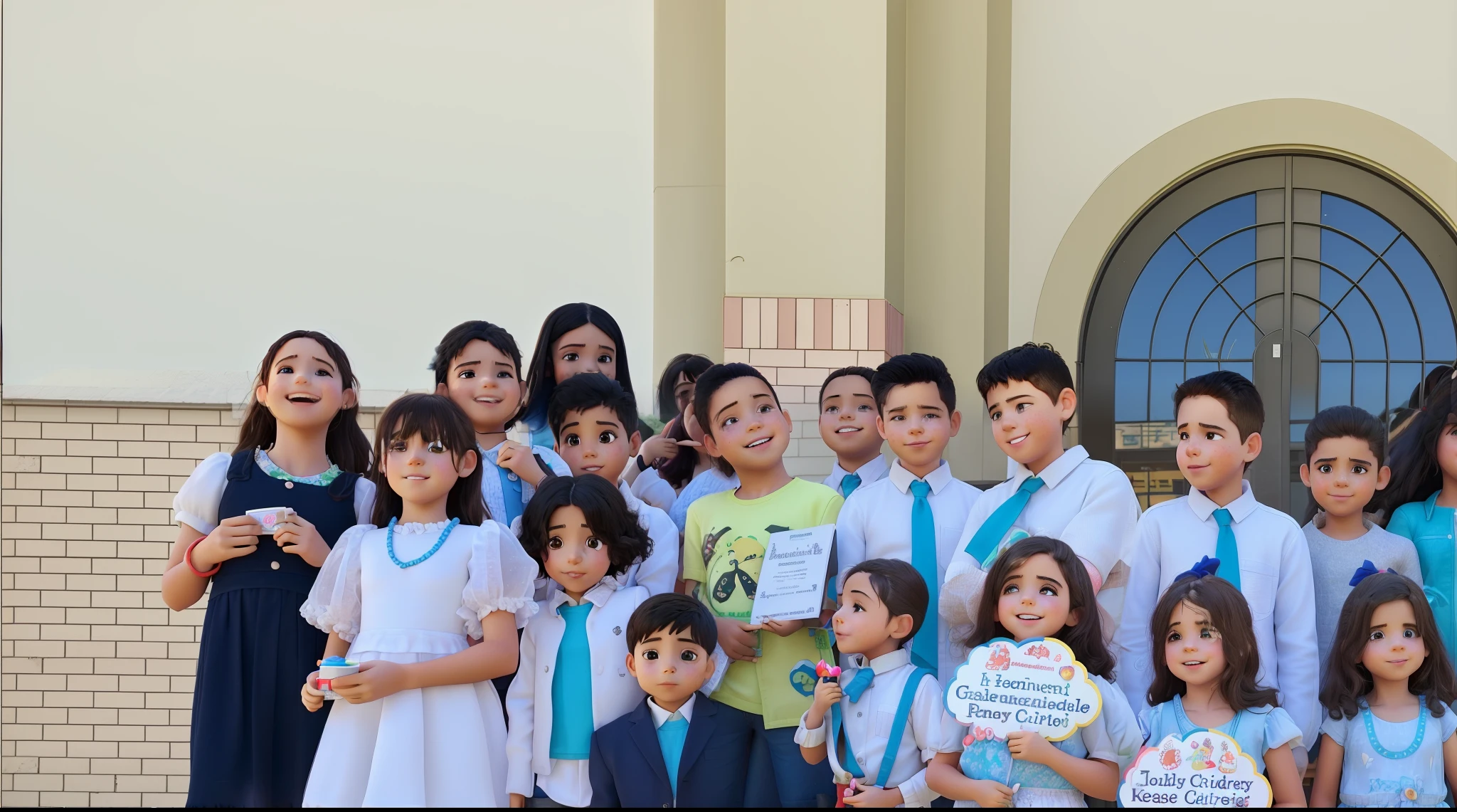 There's a lot of kids in front of a building with a cake, fotografia de grupo, slide show, garotada, childrens, Imagem absolutamente excepcional, fotografias de alta qualidade