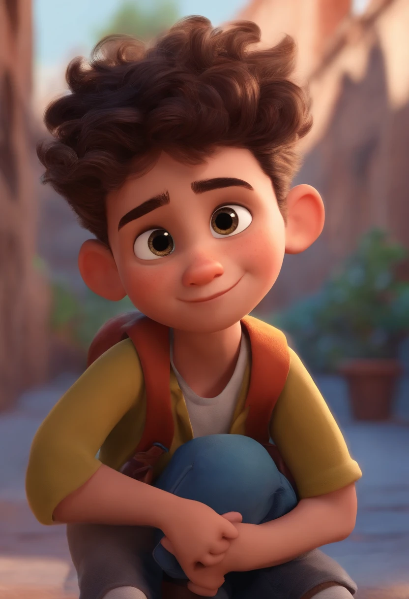 Image of a boy for a story in a YouTube video in Pixar format, He's the little allabester, He's the class leader, He's outgoing, Playful and gets up for a lot of things, cabelo curto