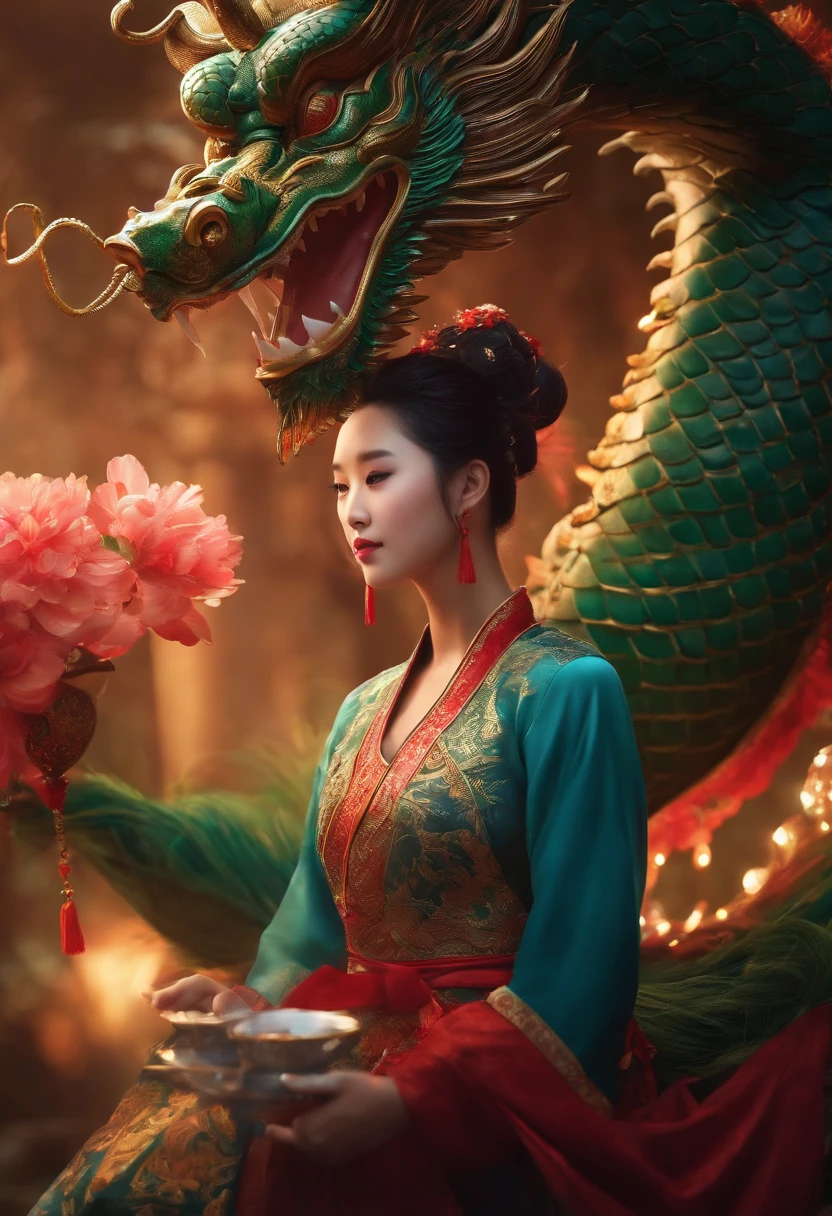 1girl, master part, best quality, Making friends with the Chinese dragon, fun, Feliz, brilhante, Loong,