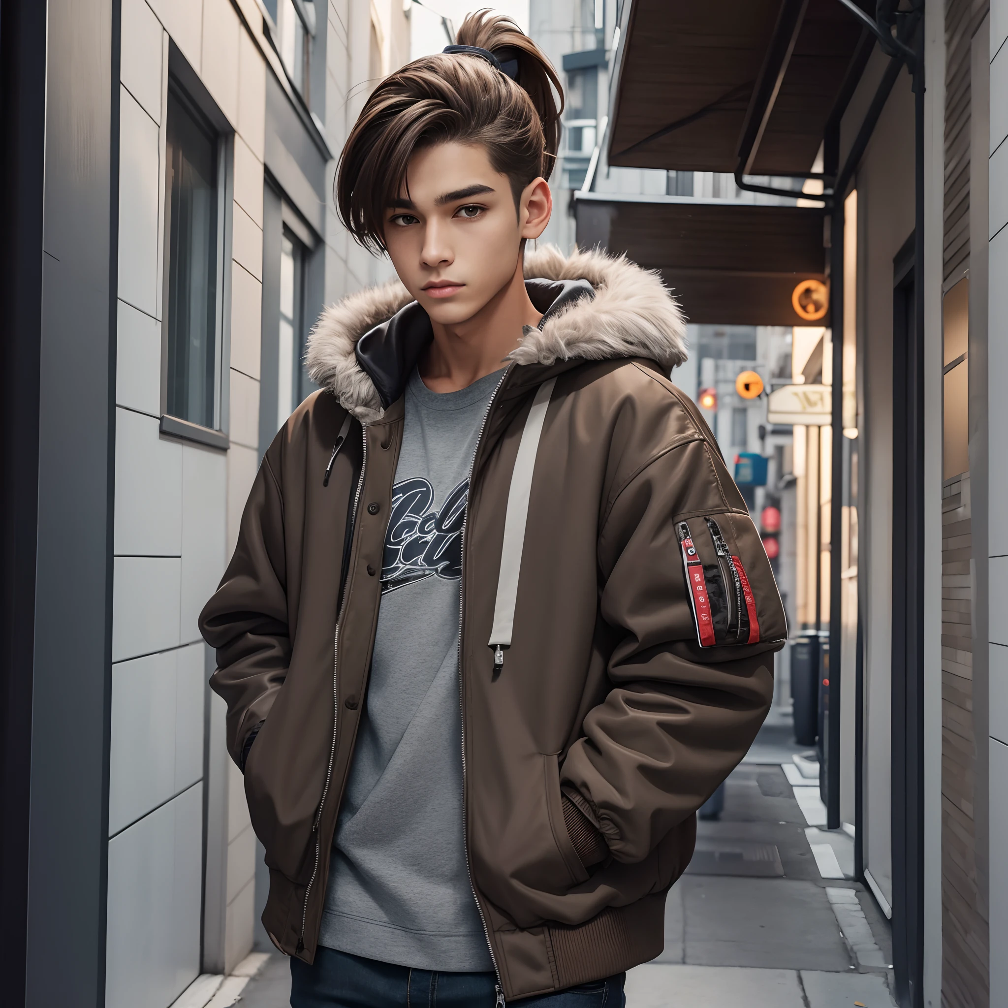 1male, teen, short brown ponytail, grey eyes, jacket with oversized fur hood, loose casual clothing,