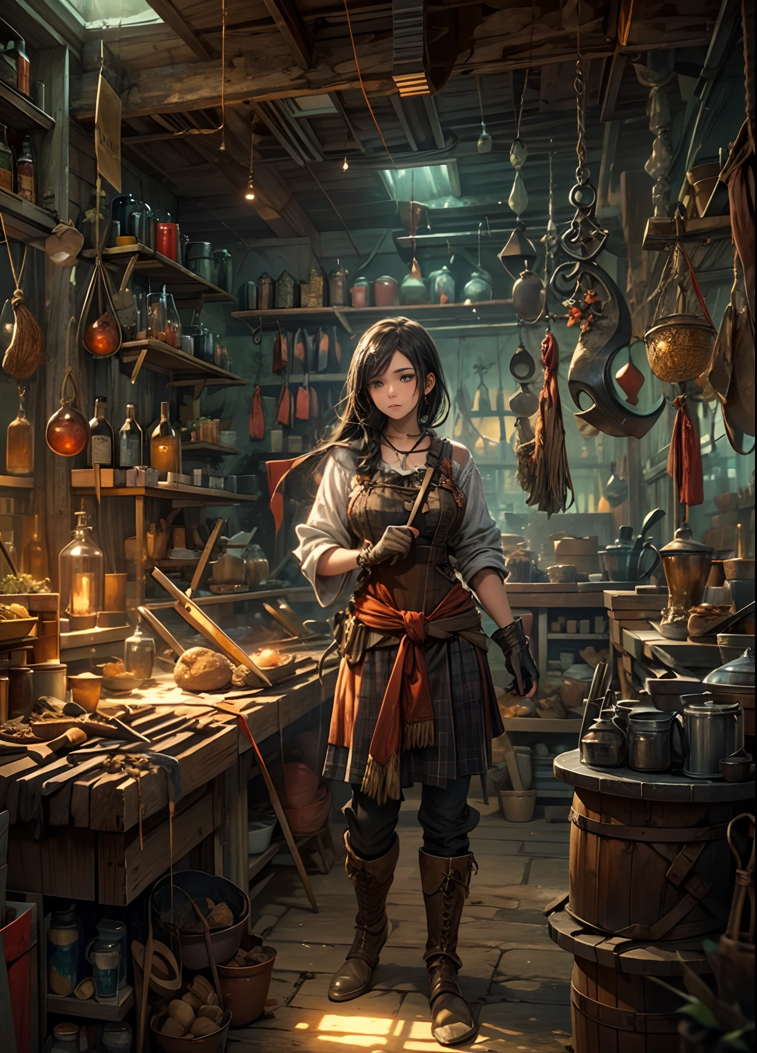 Hunter girl in fantasy tavern, masterpiece, ultra high contrast, intricate details, insane details, 8kHunter girl in fantasy tavern, masterpiece, ultra high contrast, intricate details, insane details, 8k
