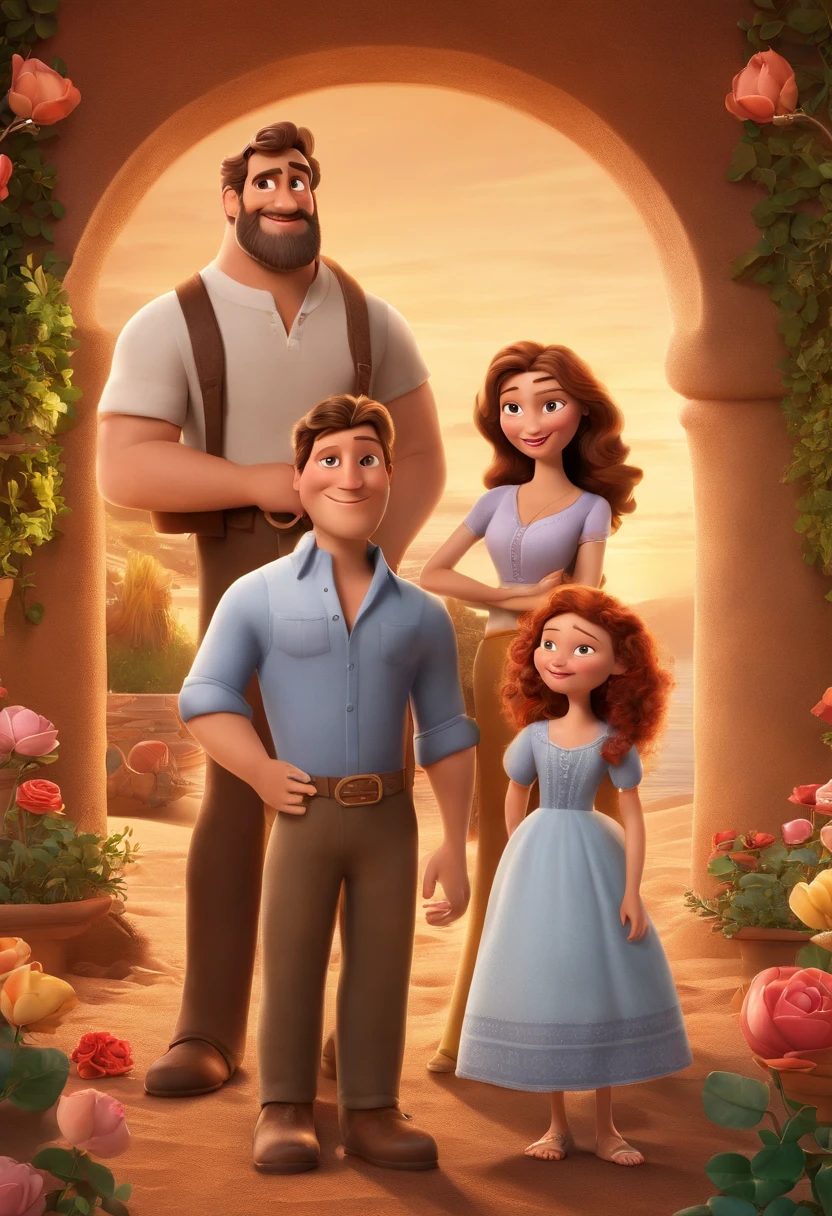 a Disney Pixar movie poster showing a white-skinned family. The father is the tallest, Tem barba curta, loiro, cabelos curtos e espinhosos. The mother has brown eyes and hair, shoulder-length and is slightly overweight. A menina tem 4 anos e cabelos castanhos, roupa rosa e rabos de cavalo. The background is a beach garden. 3D-rendering
