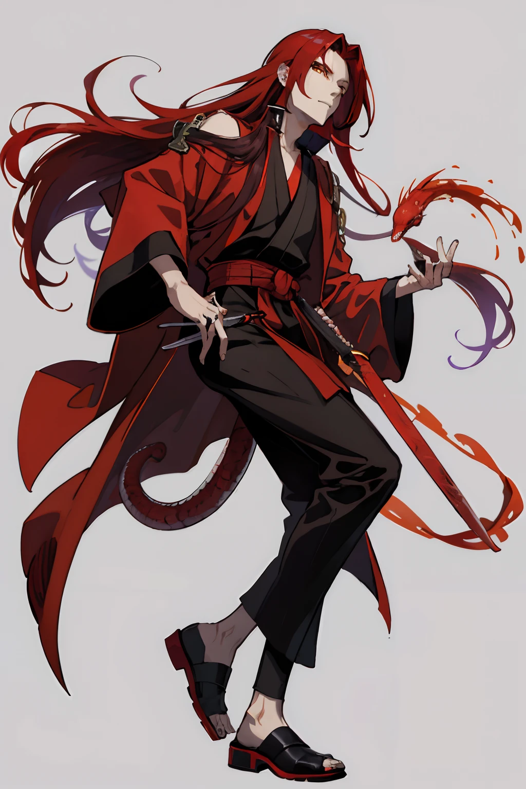 Red Hair long hair like madara uchiha, Yellow snake eyes like orochimaru, 
Brown skin,

Wearing black eyeliner,

Wears red and purple mage robe,

Holding two silver daggers in his hands,

wears black shoes,

Full body picture,