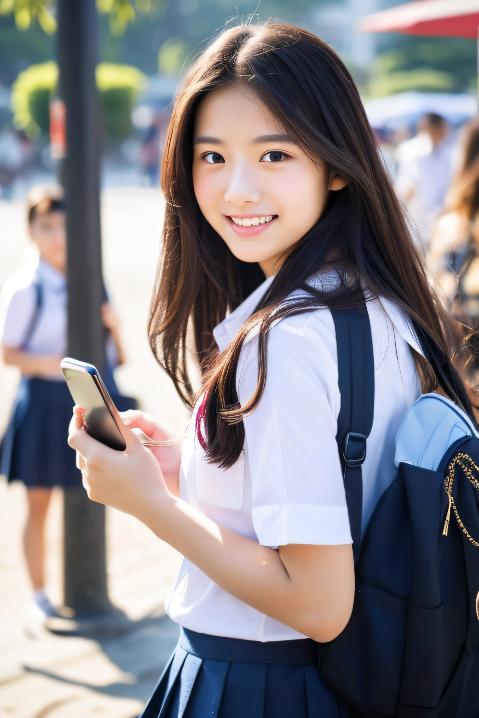 1 Girl using a smartphone in the beach at noon、walking in the street、Walking、Gaze to the side、A delightful、Beautie、Tremendously beautiful、dual、A slender、a smile、The long-haired, high quality image, high resolution in detail, try-x, ISO1600, super realistic photo, fine skins, fine hair, 135mm lens, bust shot, school uniform