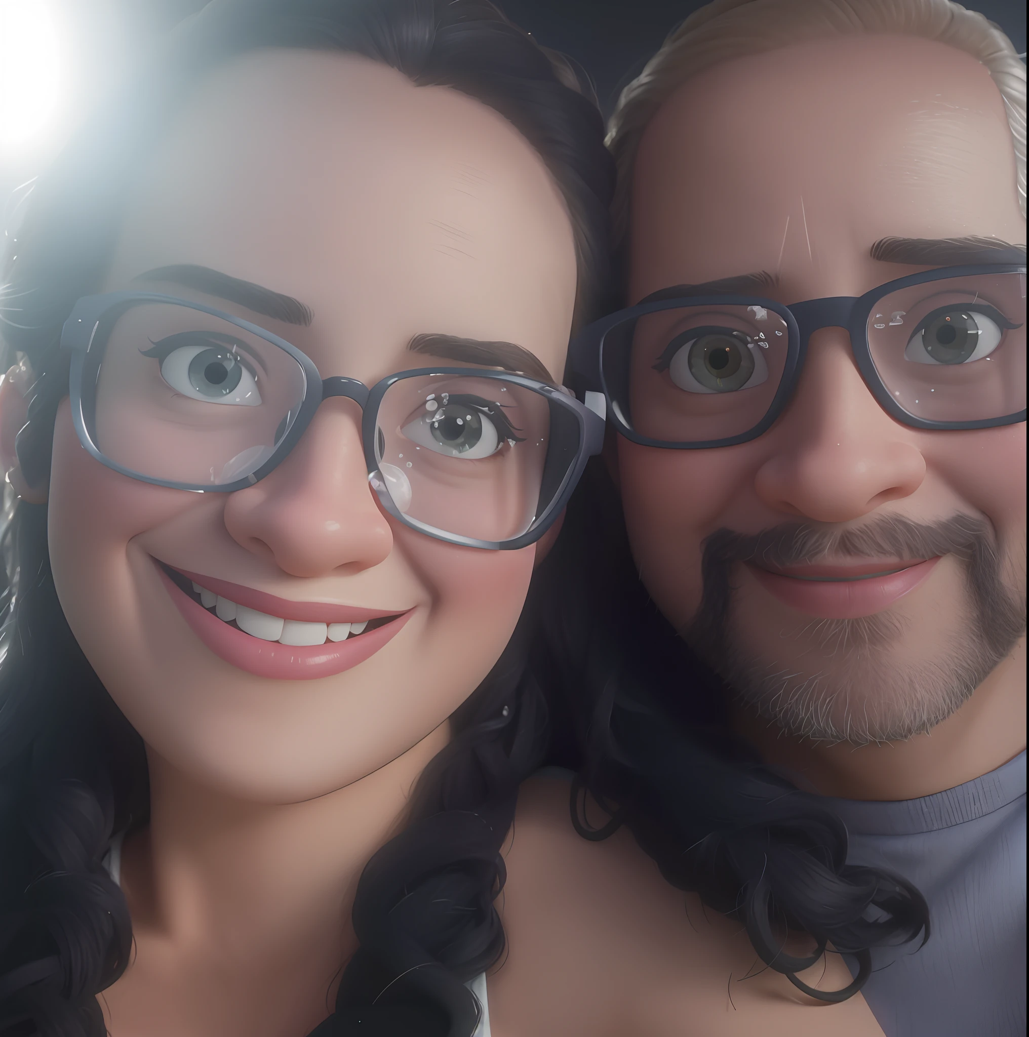 Poster no estilo Disney Pixar, 3D drawing with a man and a woman who are posing for a photo, Mom with glasses, olhos castanhos, cabelo cacheado e papai, com pouco cabelo, wearing goggles,  olhos castanhos, imagem de perfil, Directed by: Nandor Soldier, casal feliz, Fotografia tirada em 2 0 2 0, photo taken at night, Lovely couple, Mulher de 30 anos de Cuba, Retrato de duas pessoas, Foto do perfil, they are in love, casal sorridente, foto estilo poster disney pixar, desenho 3d